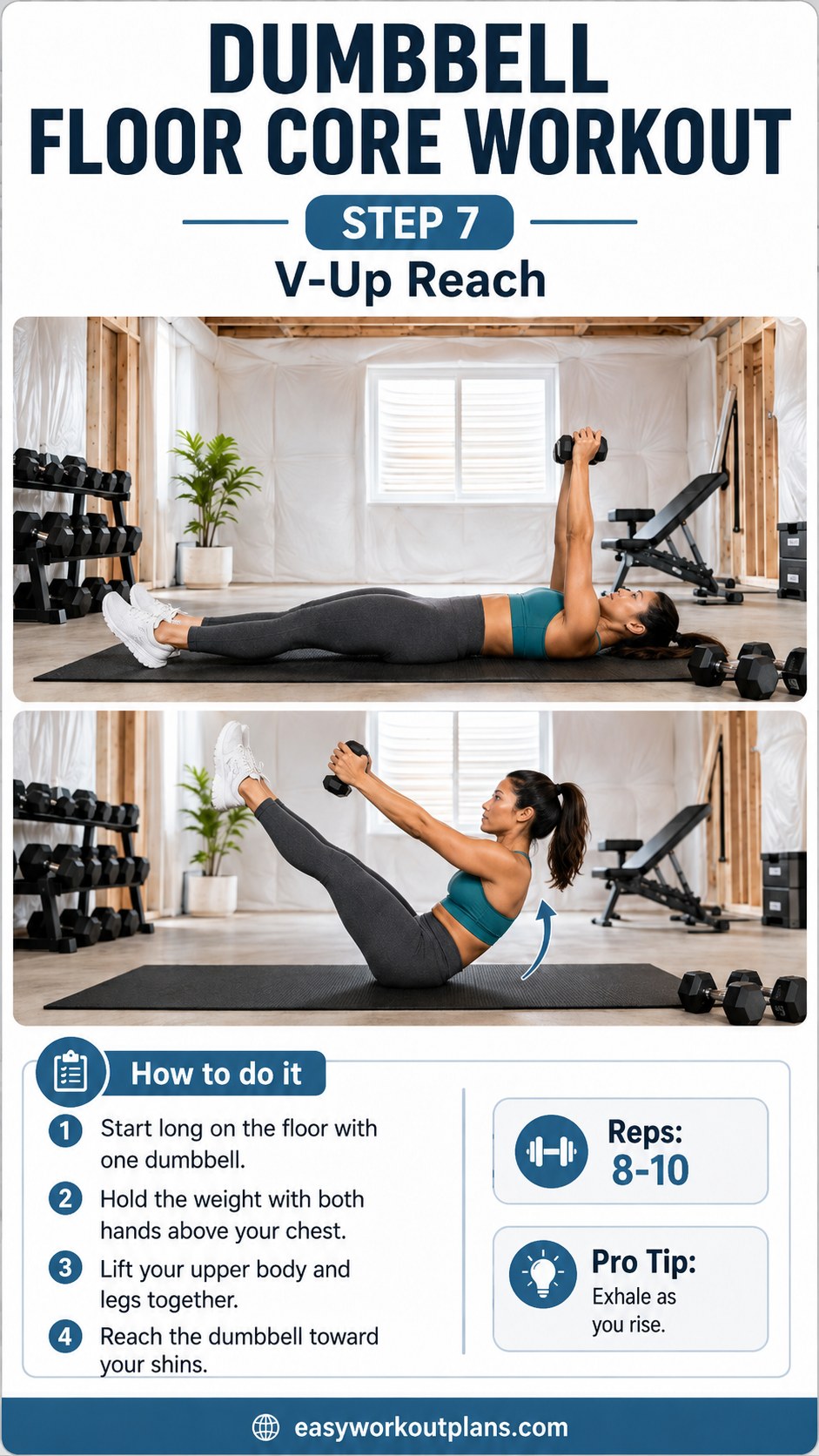 V-up reach with a dumbbell held between both hands, an advanced move in a dumbbell floor core workout