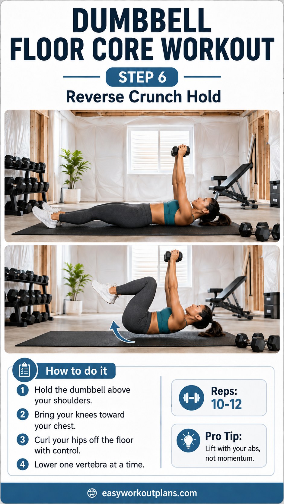 Reverse crunch hold with legs curled and dumbbell raised, part of a dumbbell floor core workout sequence