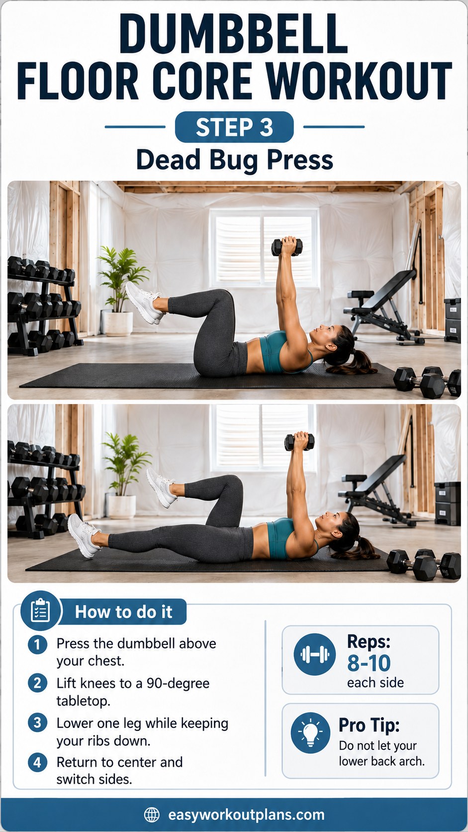 Dead bug press move using a single dumbbell, a stability-focused step in a dumbbell floor core workout