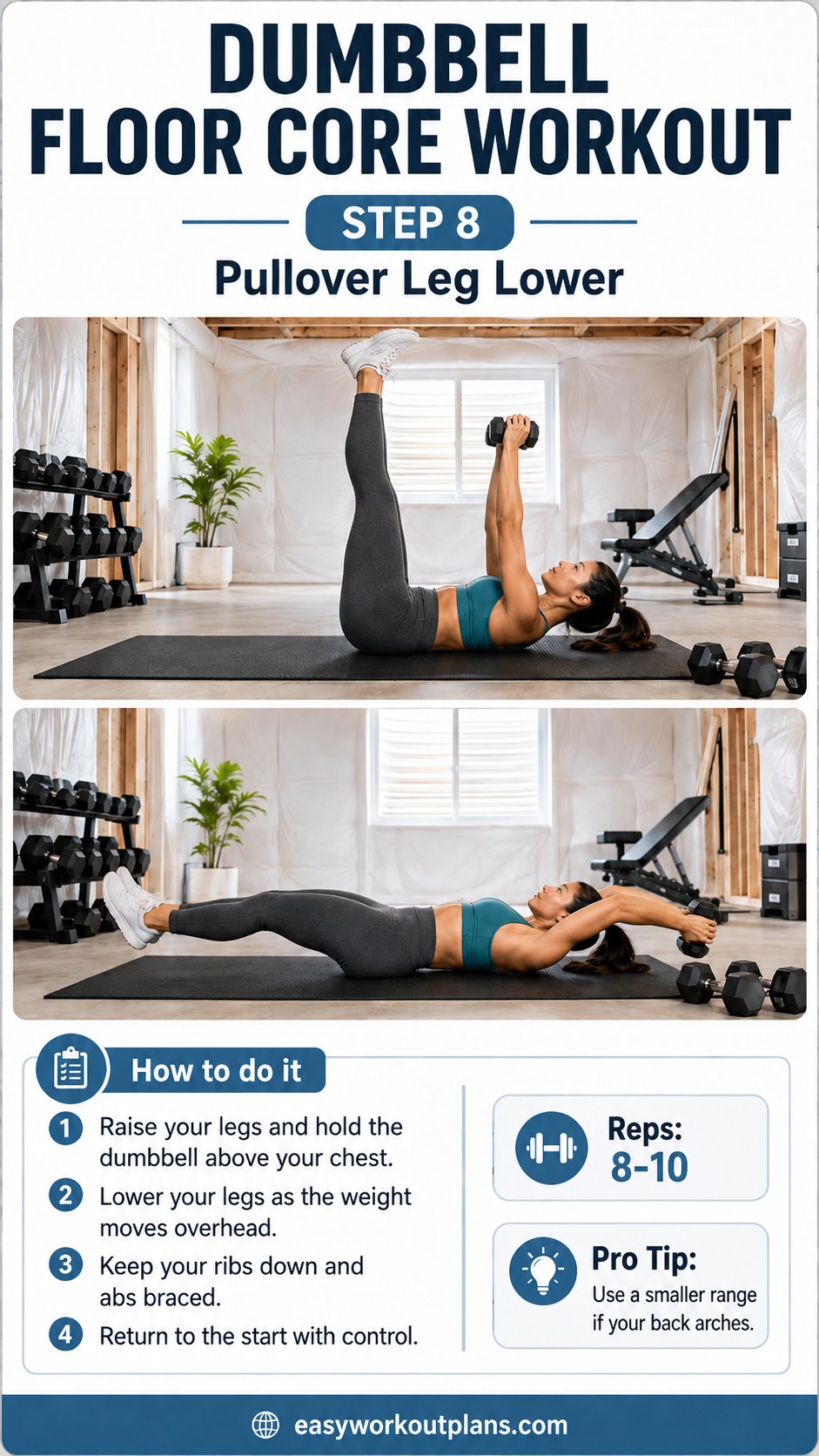 Pullover leg lower combining an overhead reach and leg drop, the final step of a dumbbell floor core workout