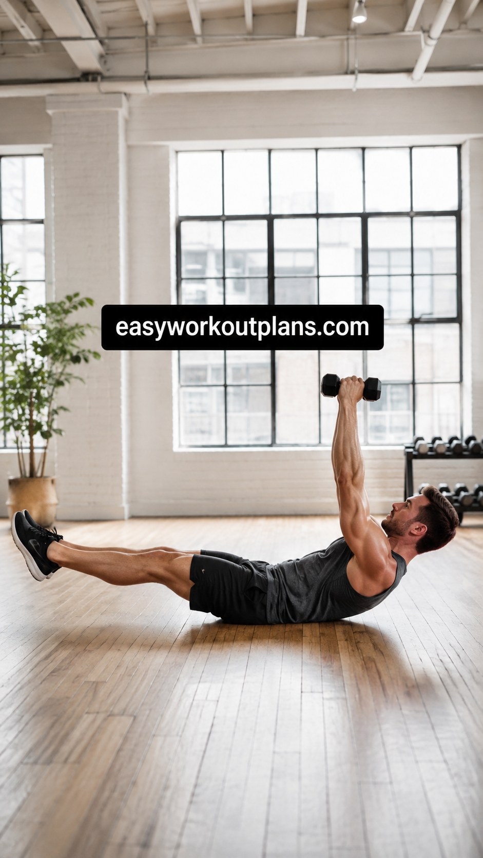 Weighted sit-up with dumbbells pressed overhead, a core-to-shoulder move for floor training