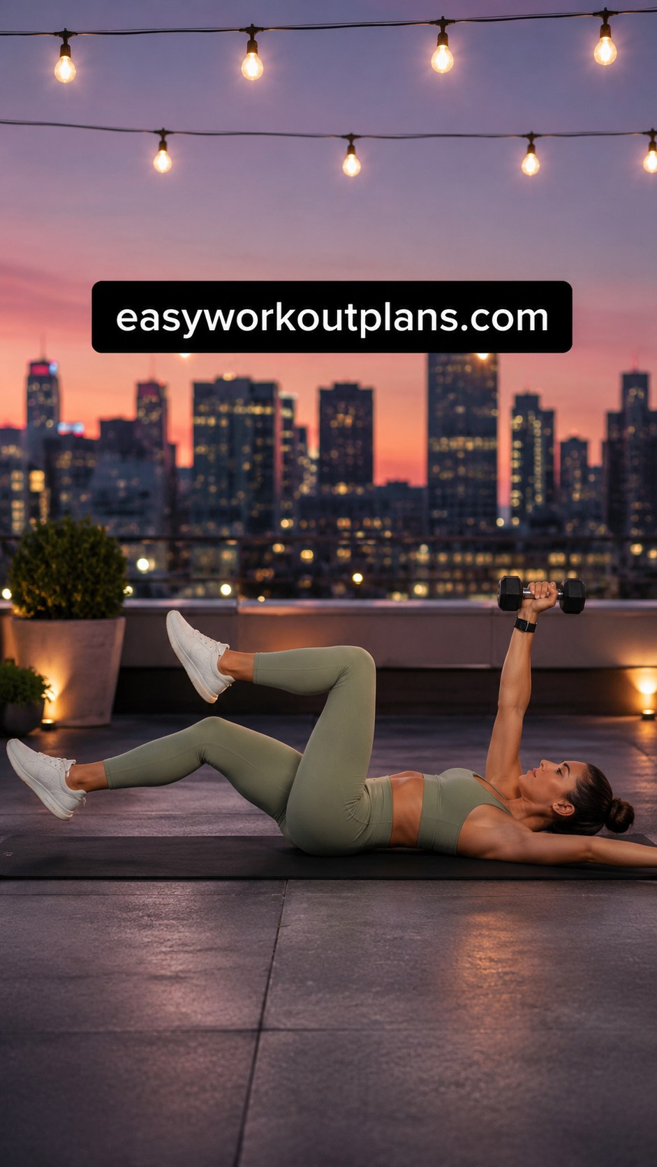 Lying dumbbell overhead press with alternating heel taps for a floor core finisher