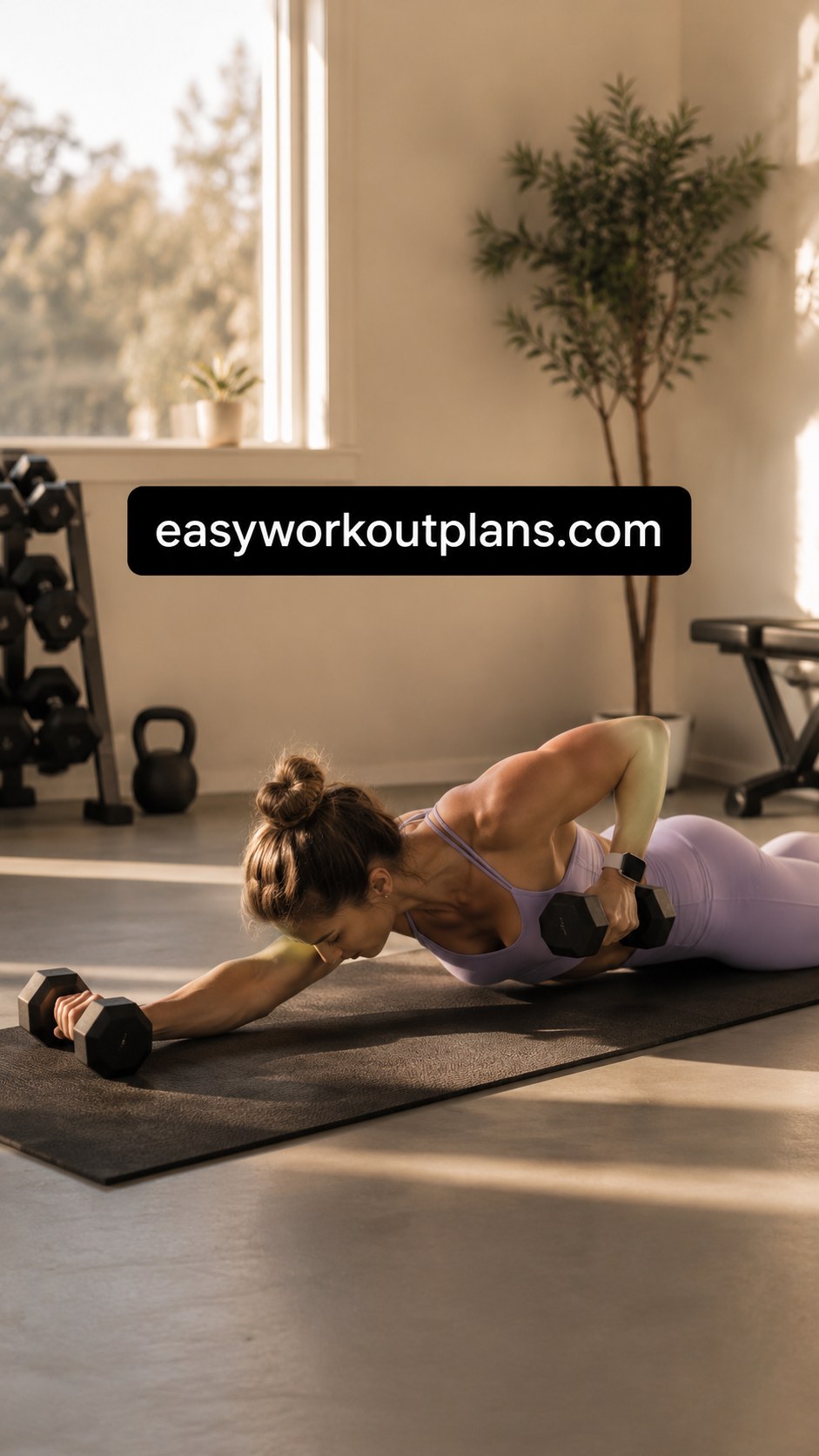 Renegade row in plank position using two dumbbells on a mat for anti-rotation core work