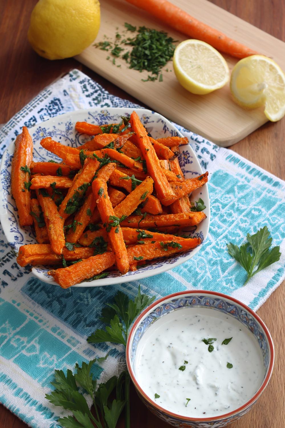 14. Easy Healthy Snacks 2026: Carrot “Fries” with Yogurt Ranch and Fresh Parsley