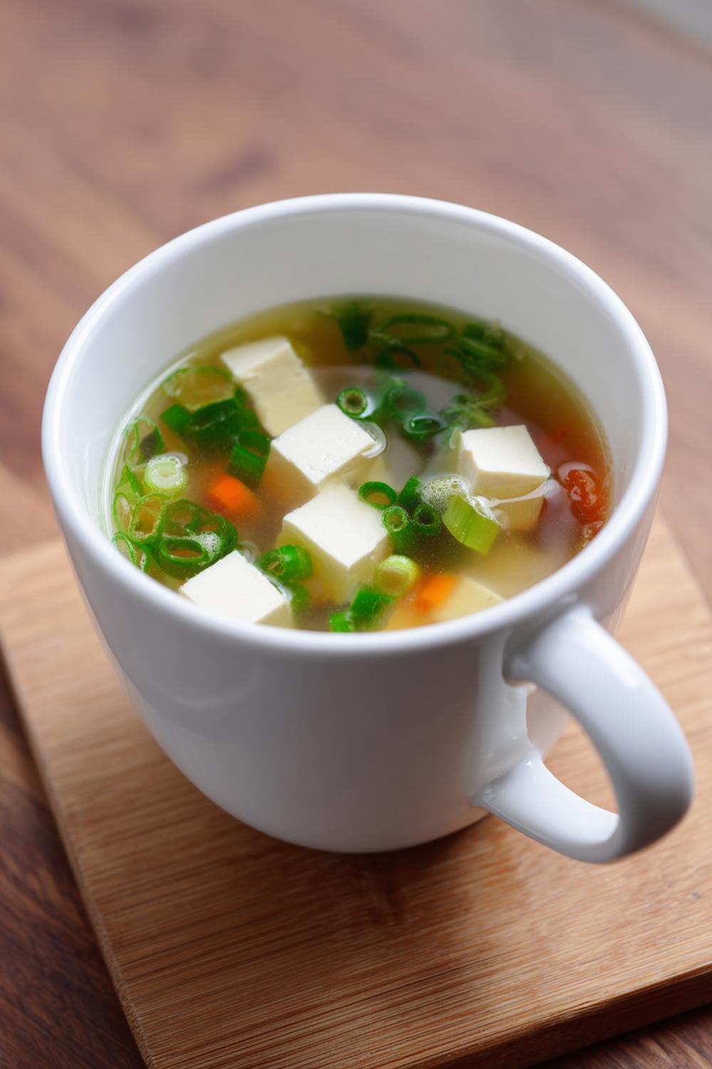 17. Easy Healthy Snacks 2026: Miso Soup Mug with Tofu Cubes and Scallions