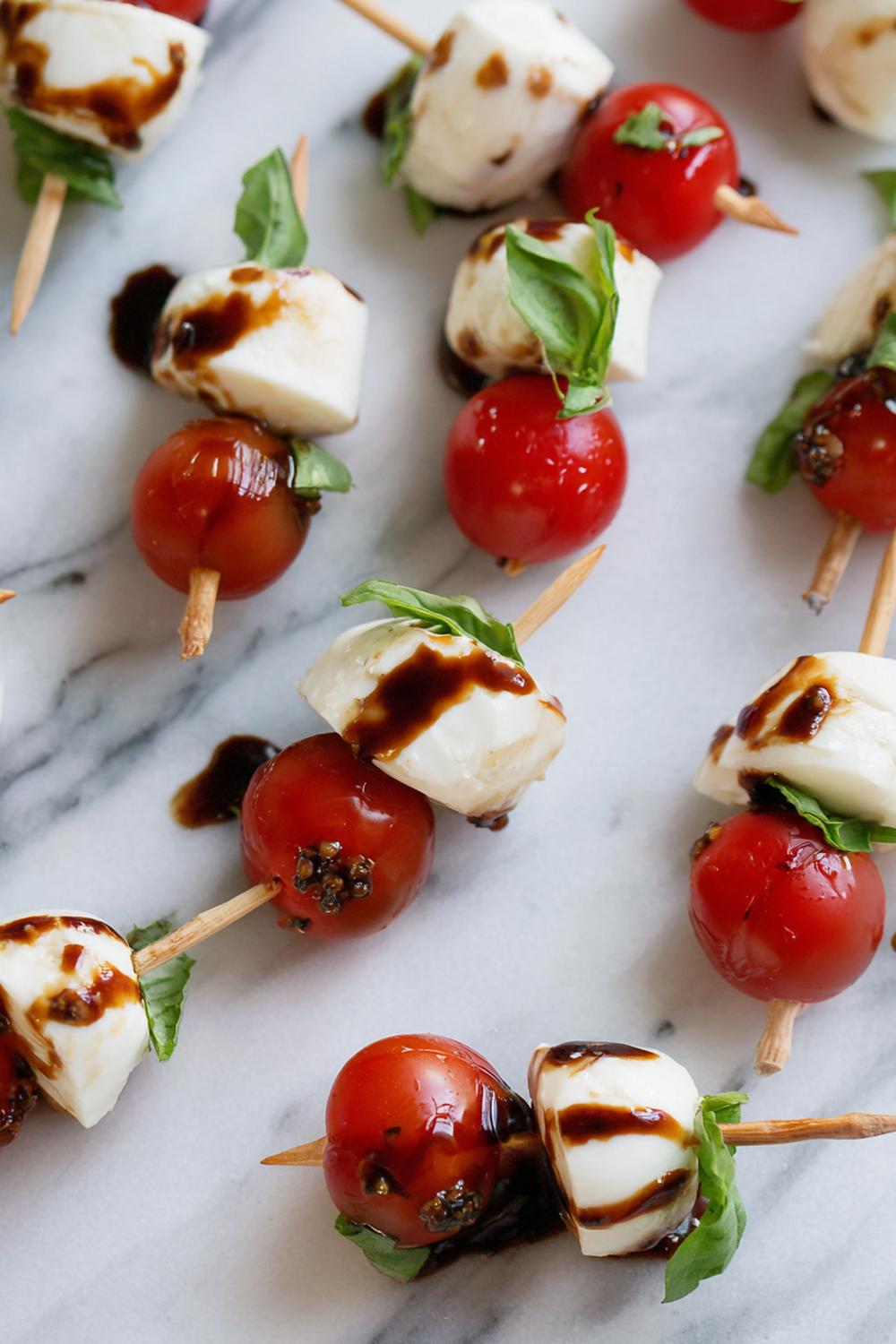 18. Easy Healthy Snacks 2026: Mini Caprese Skewers with Mozzarella and Balsamic Pearls