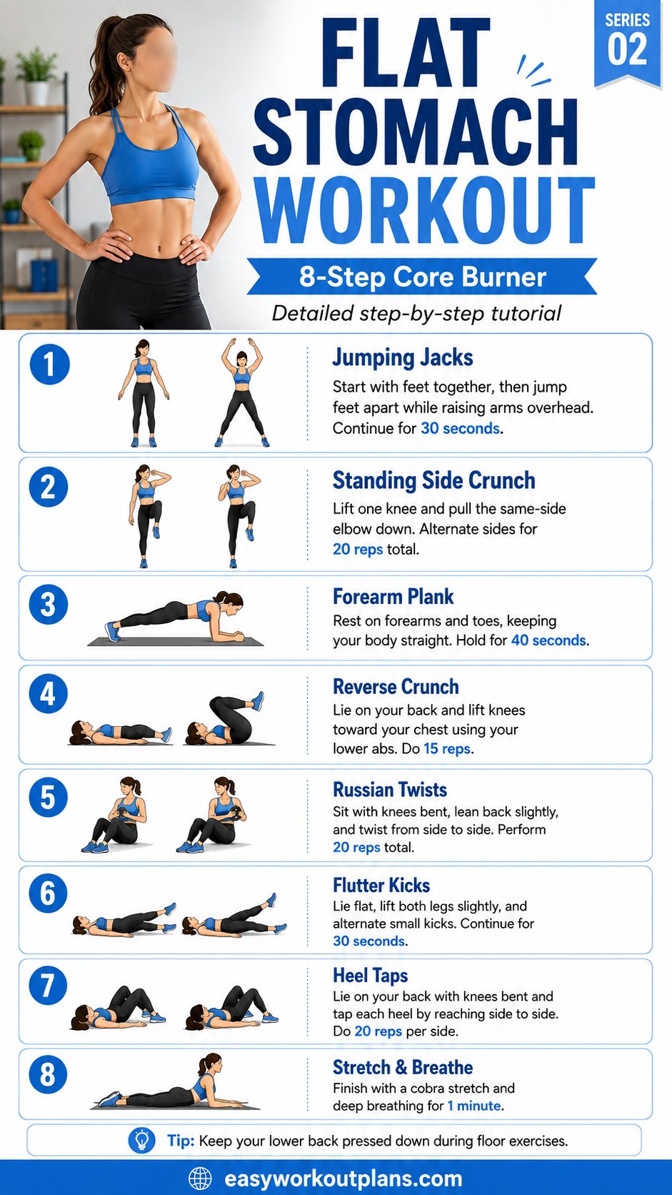 8-step flat stomach workout core burner infographic featuring standing side crunches and Russian twists