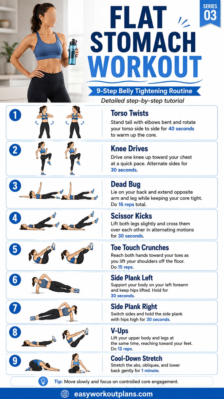 9-step flat stomach workout routine infographic with dead bug, scissor kicks, and side plank holds