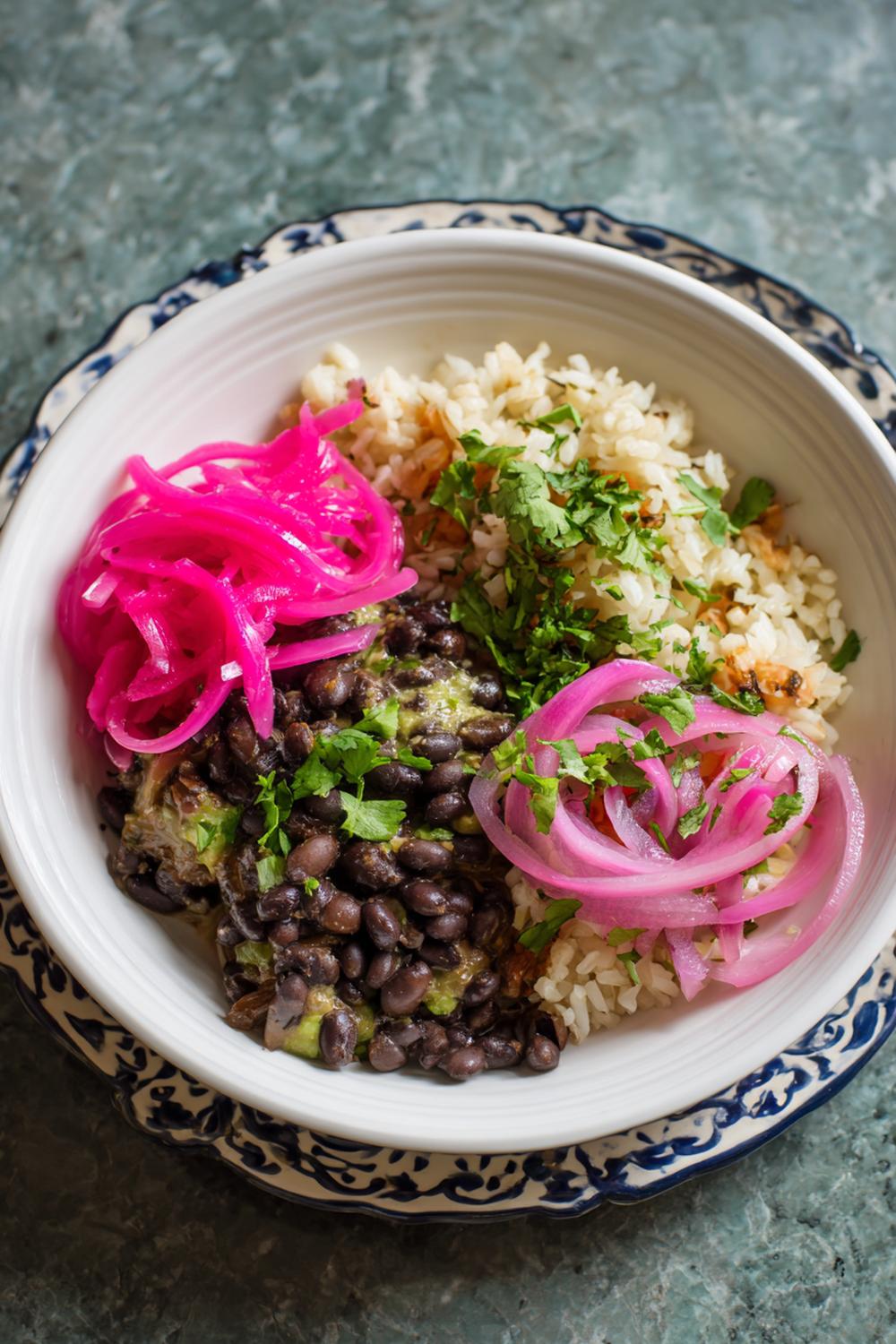 21. Gluten Free Athlete Meals 2026: Black Bean Burrito Bowl with Cilantro Rice and Pickled Onions