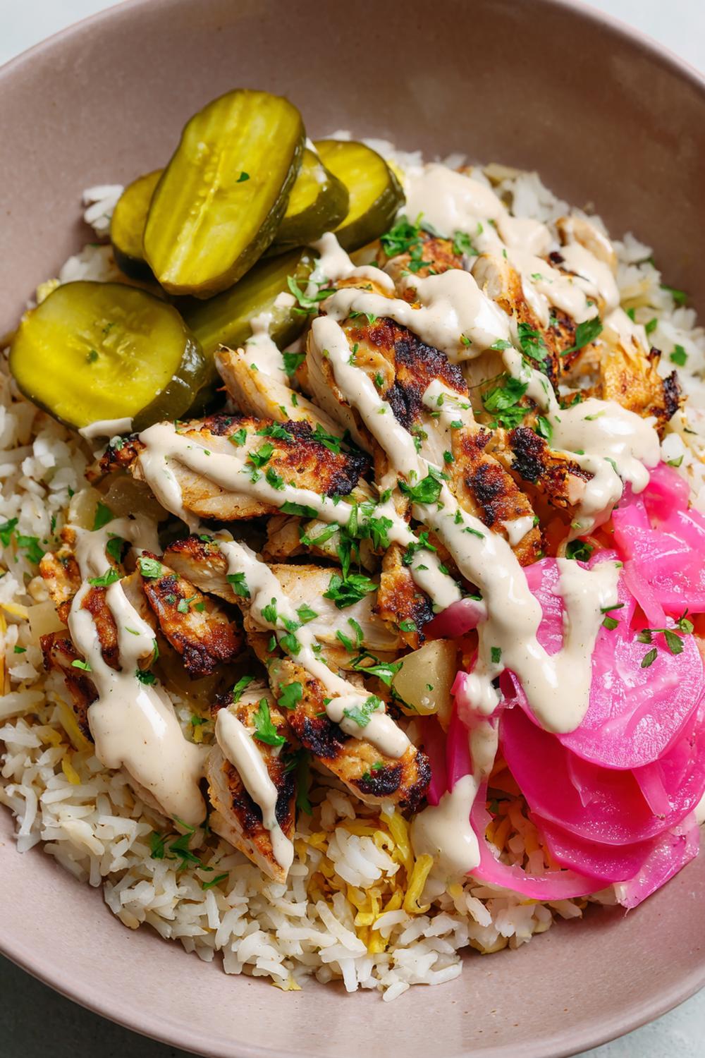 24. Gluten Free Athlete Meals 2026: Chicken Shawarma Rice Plate with Pickles and Tahini Drizzle