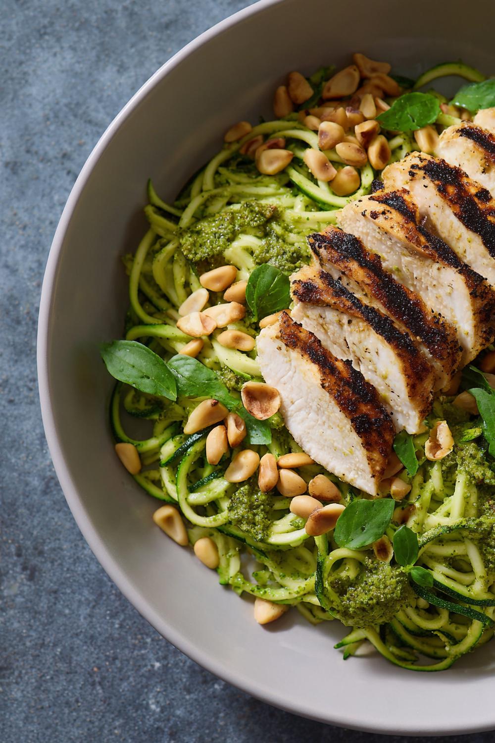 9. Gluten Free Athlete Meals 2026: Pesto Zoodles with Grilled Chicken and Roasted Pine Nuts