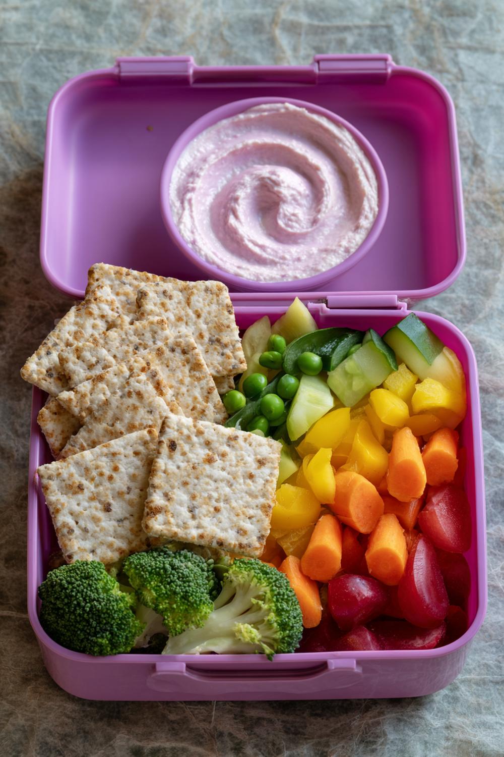 2. Rainbow Veggie Lunch Box with Hummus Swirl and Whole-Grain Crackers