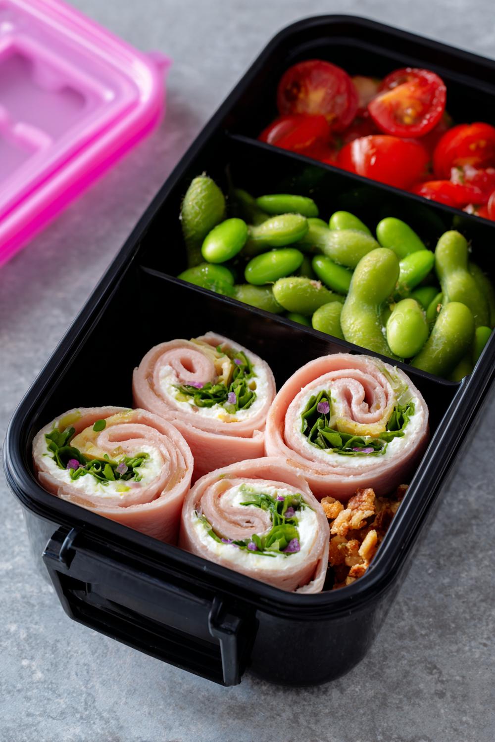 3. High-Protein Bento Lunch Box with Turkey Roll-Ups and Edamame Crunch