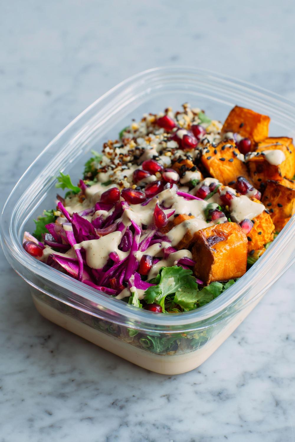6. Grain-Bowl Lunch Box with Roasted Sweet Potato and Tahini Drizzle