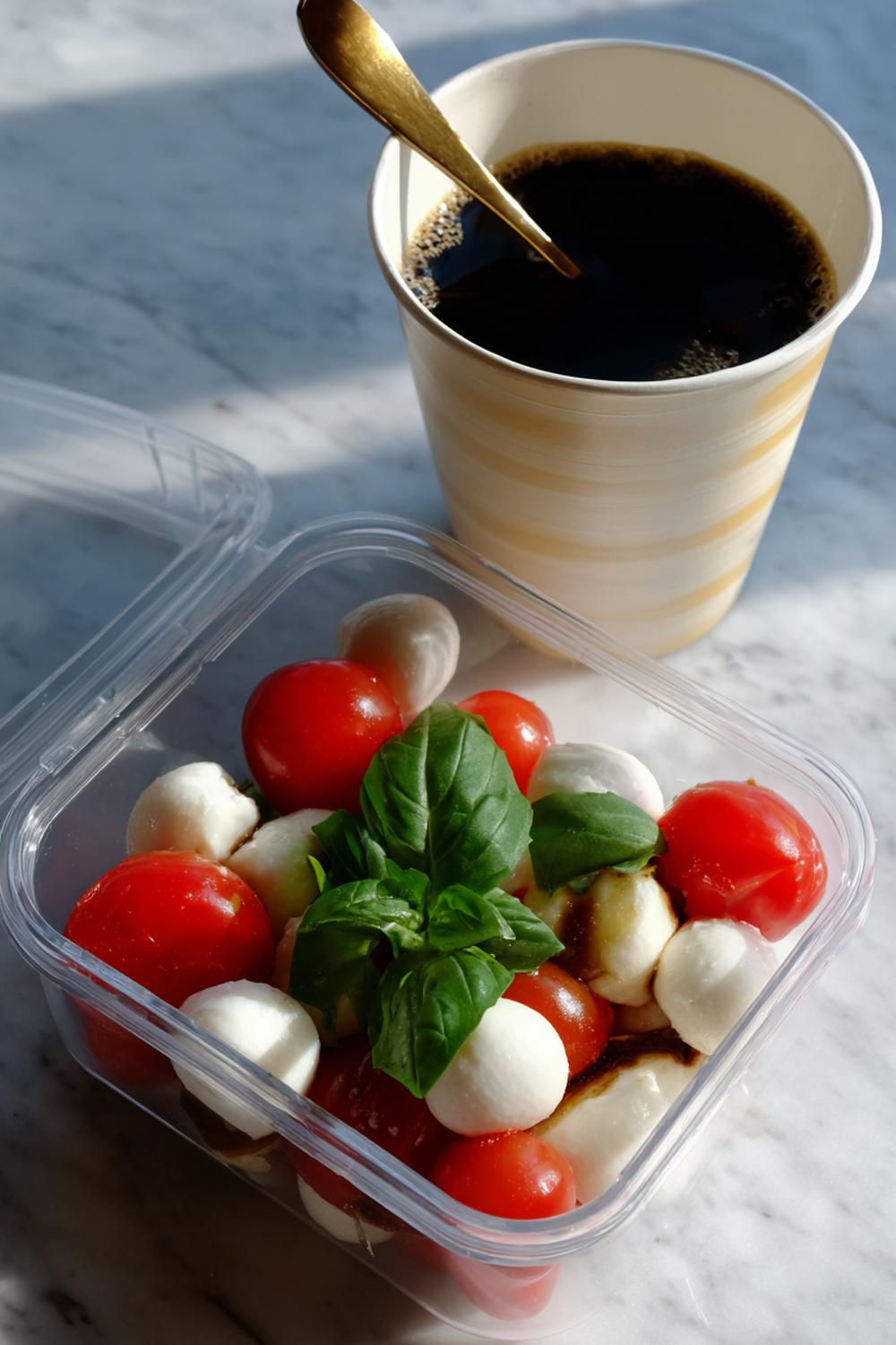 10. Mini Caprese Snack Box with Mozzarella Pearls, Basil, and Balsamic Drizzle Cup