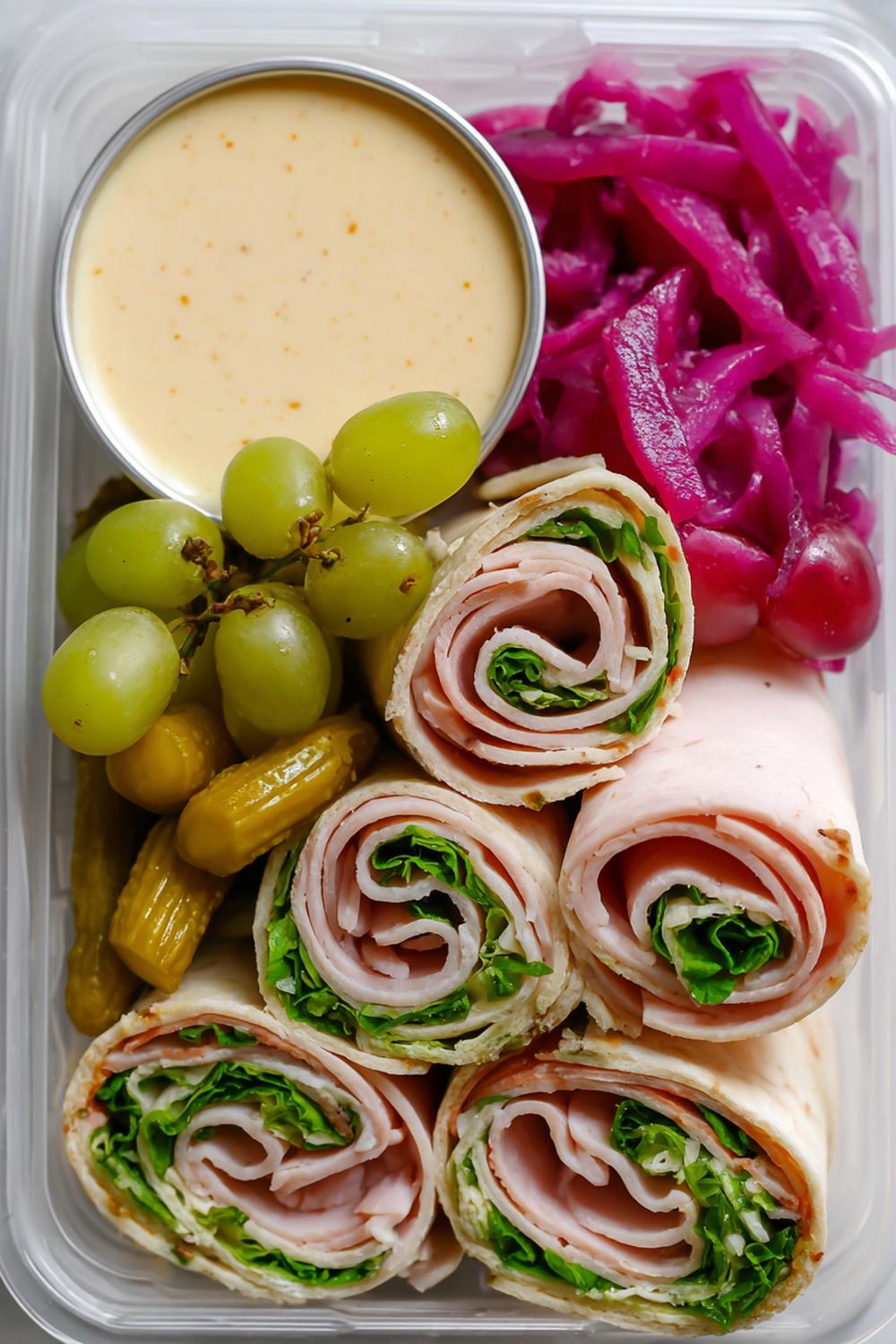 13. High-Protein Turkey Roll-Up Snack Box with Pickles, Mustard Dip, and Grapes