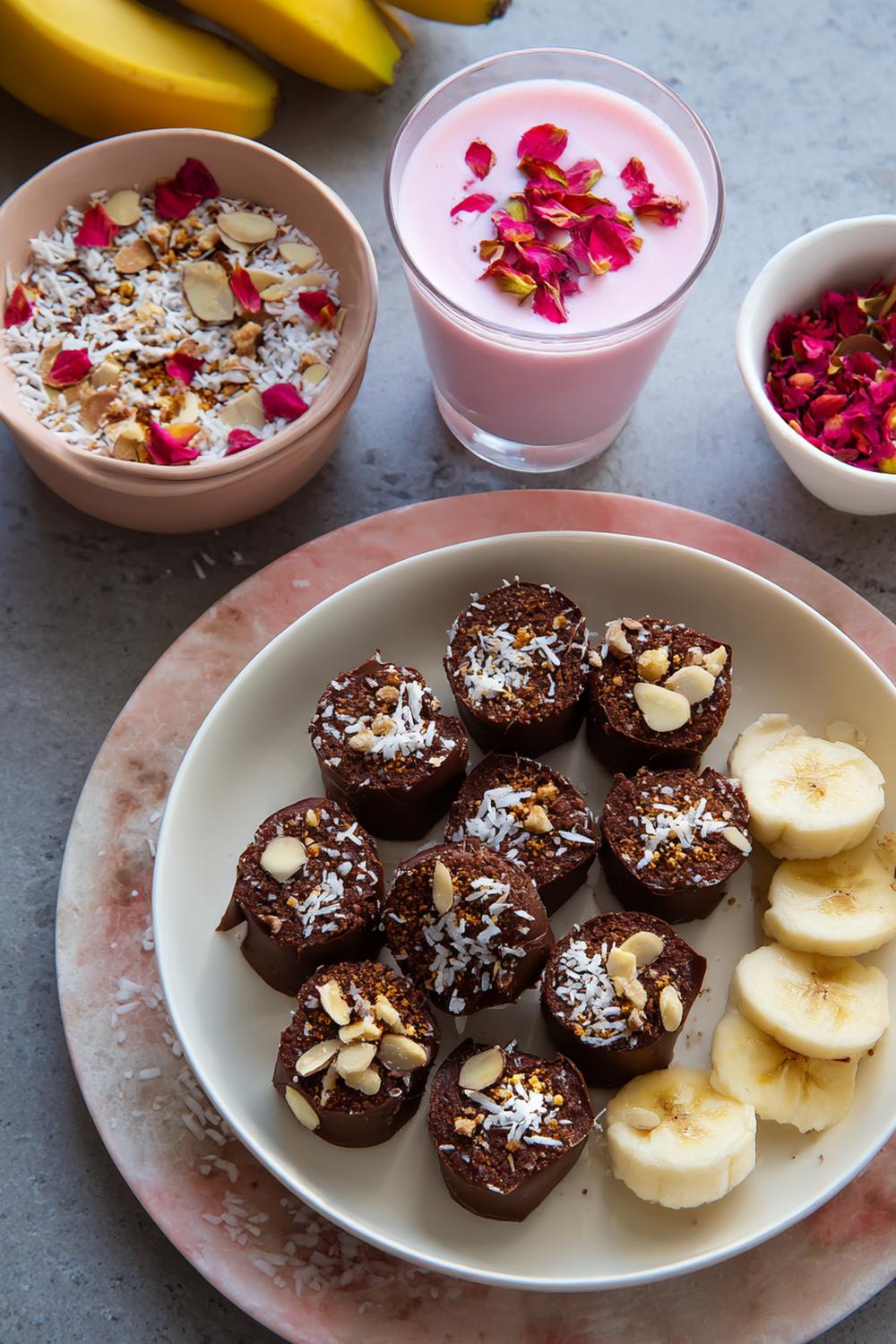 14. Crunchy Cocoa-Almond Snack Box with Banana Coins and Kefir Berry Shot