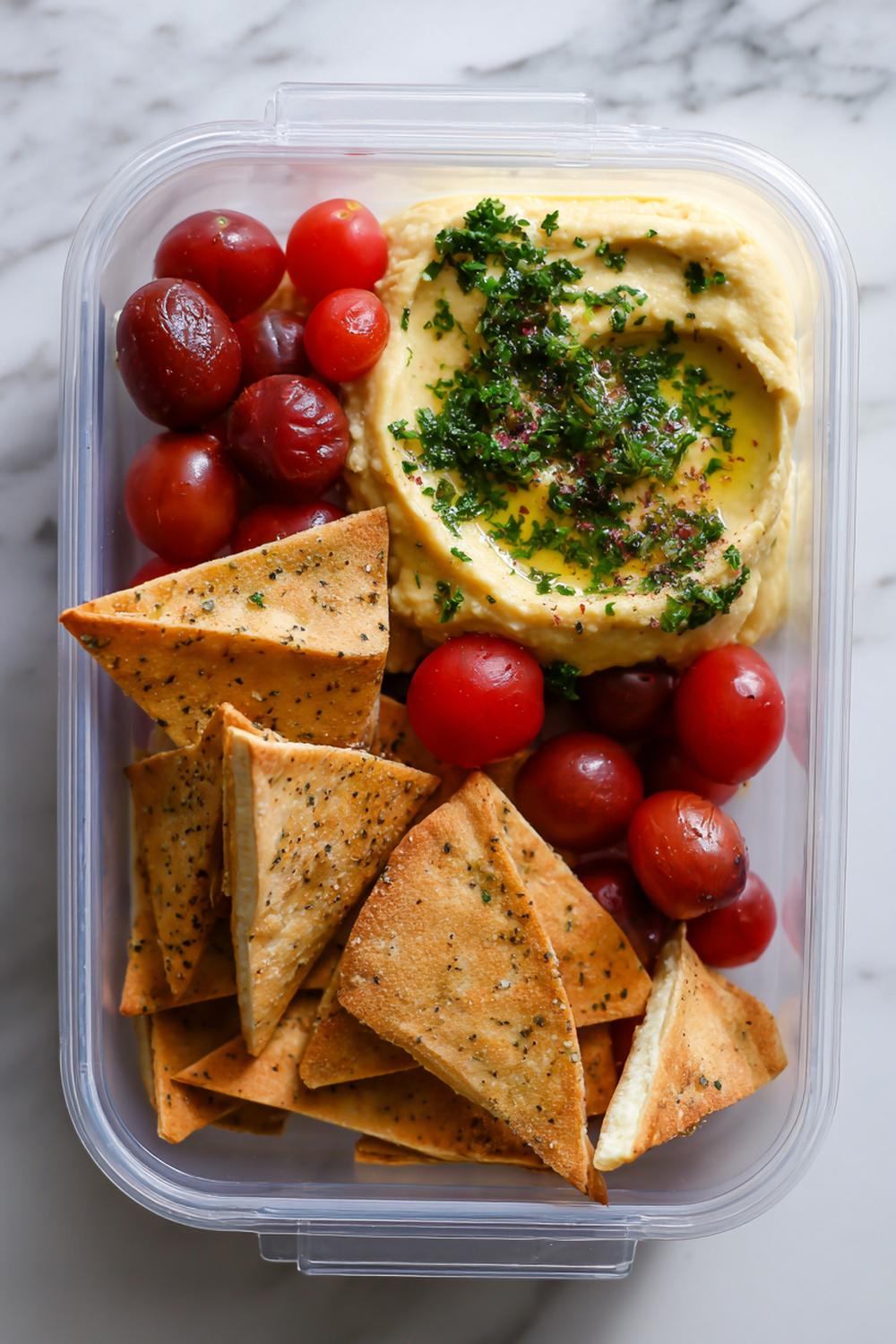 2. Mediterranean Crunch Snack Box with Hummus, Cherry Tomatoes, and Za’atar Pita Chips