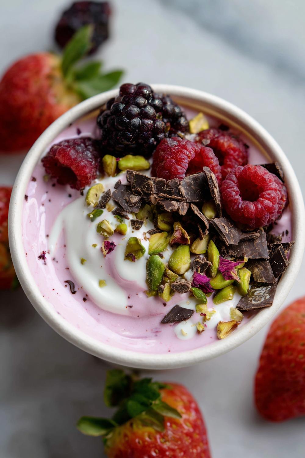 3. Berry-Pistachio Yogurt Snack Box with Chia Swirl and Dark Chocolate Shards