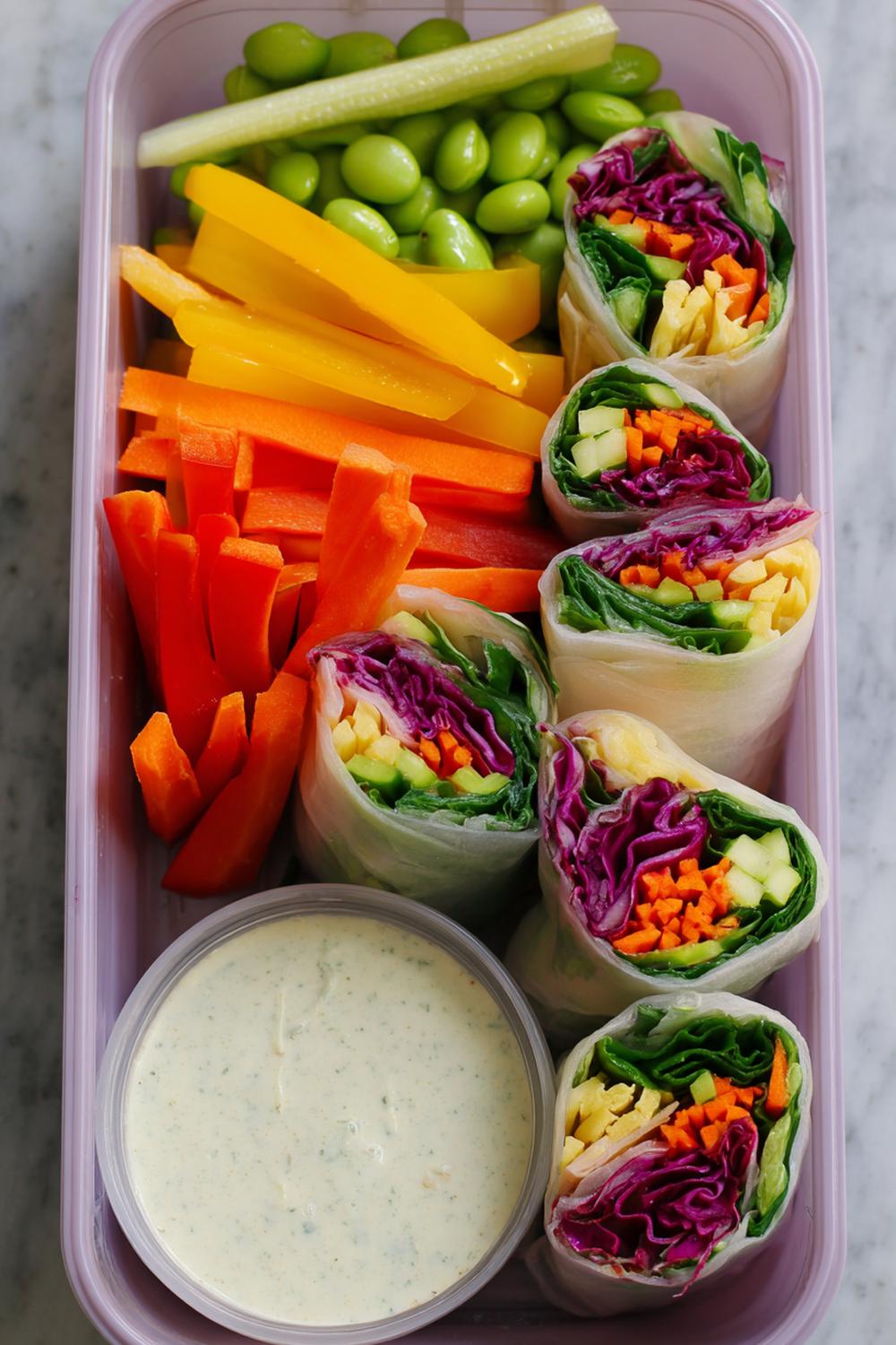4. Rainbow Veggie Wrap Snack Box with Edamame and Sesame-Lime Dip