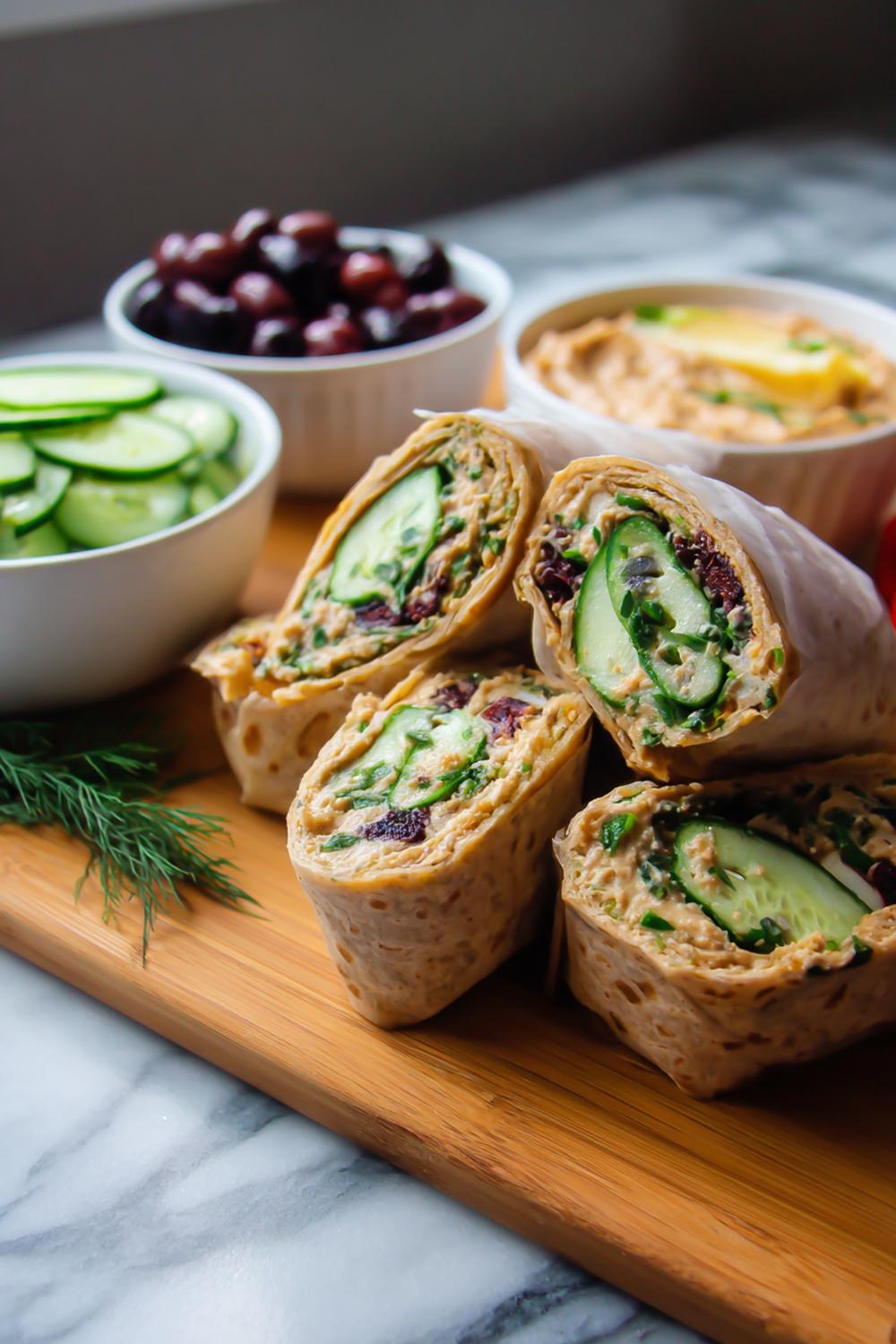 4. Healthy Wraps Meal Prep 2026: Mediterranean Hummus, Cucumber, and Olive Tapenade Wraps