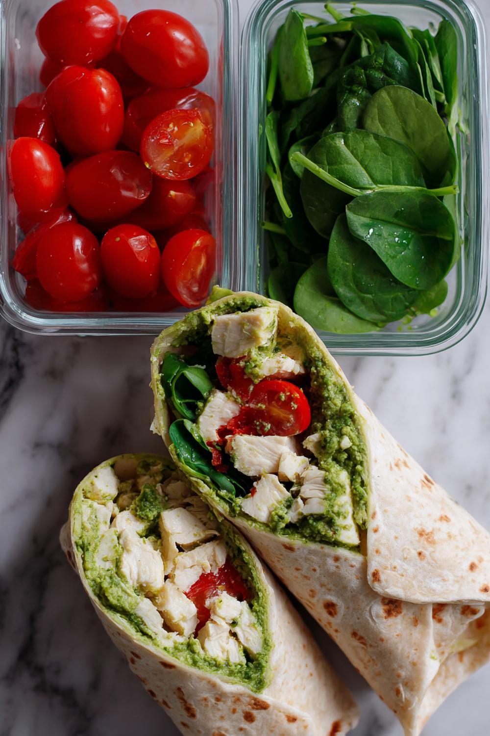 8. Healthy Wraps Meal Prep 2026: Pesto Chicken, Cherry Tomato, and Baby Spinach Wraps