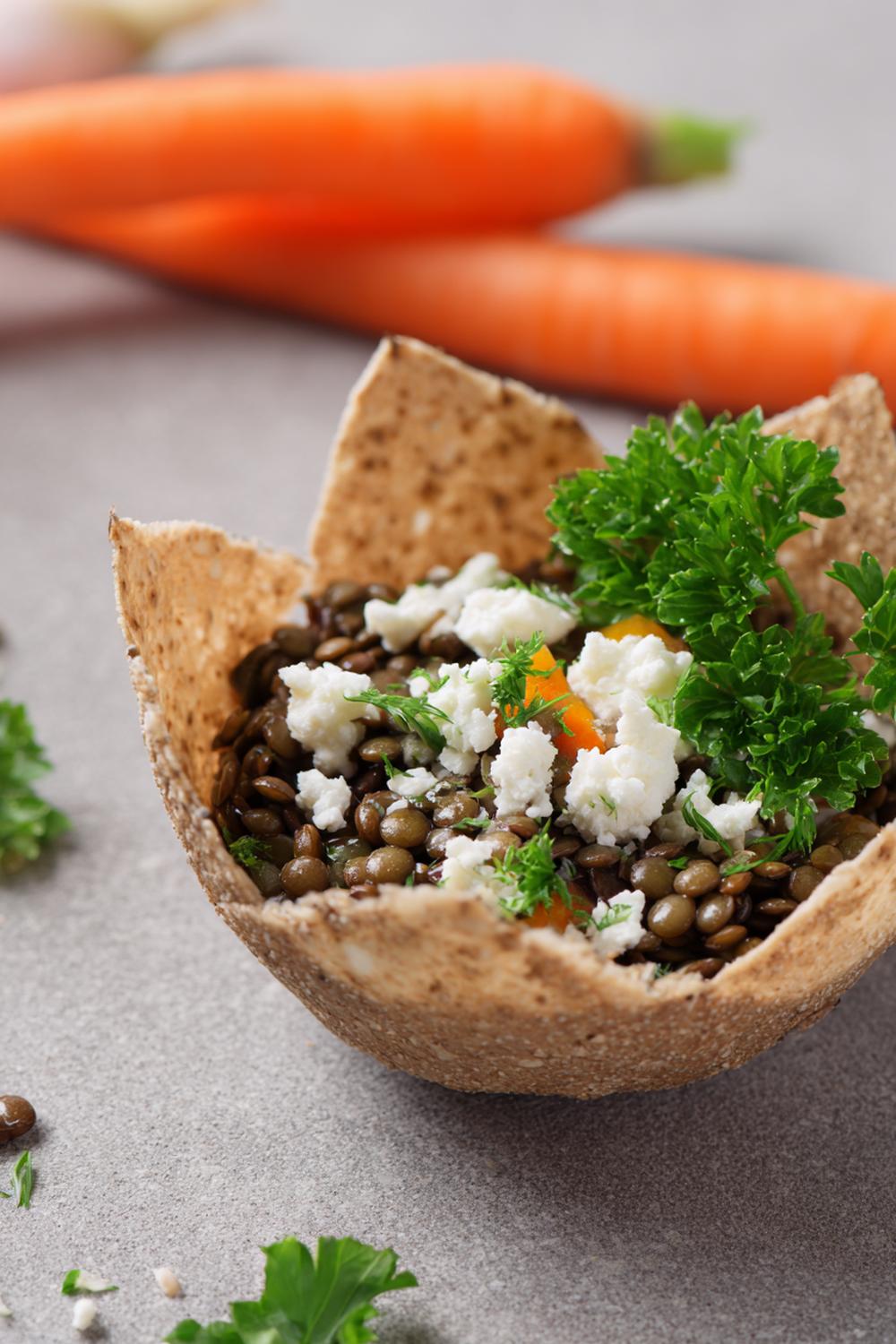 24. Lentil Snack Salad Cup with Feta Crumbles and Parsley