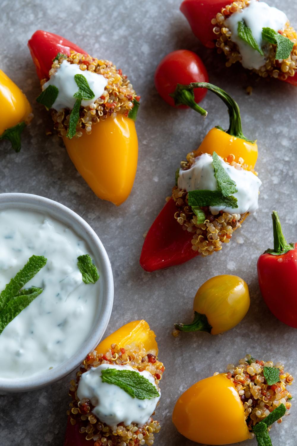 25. Quinoa Snack Stuffed Mini Peppers with Herb Yogurt