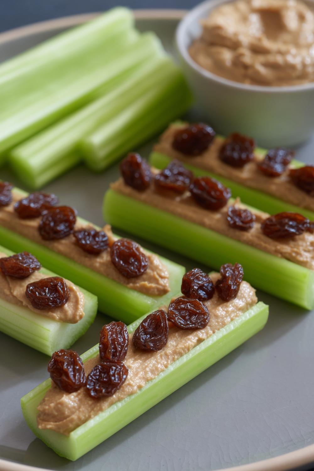 28. Almond Butter Snack Celery Boats with Raisin Lines