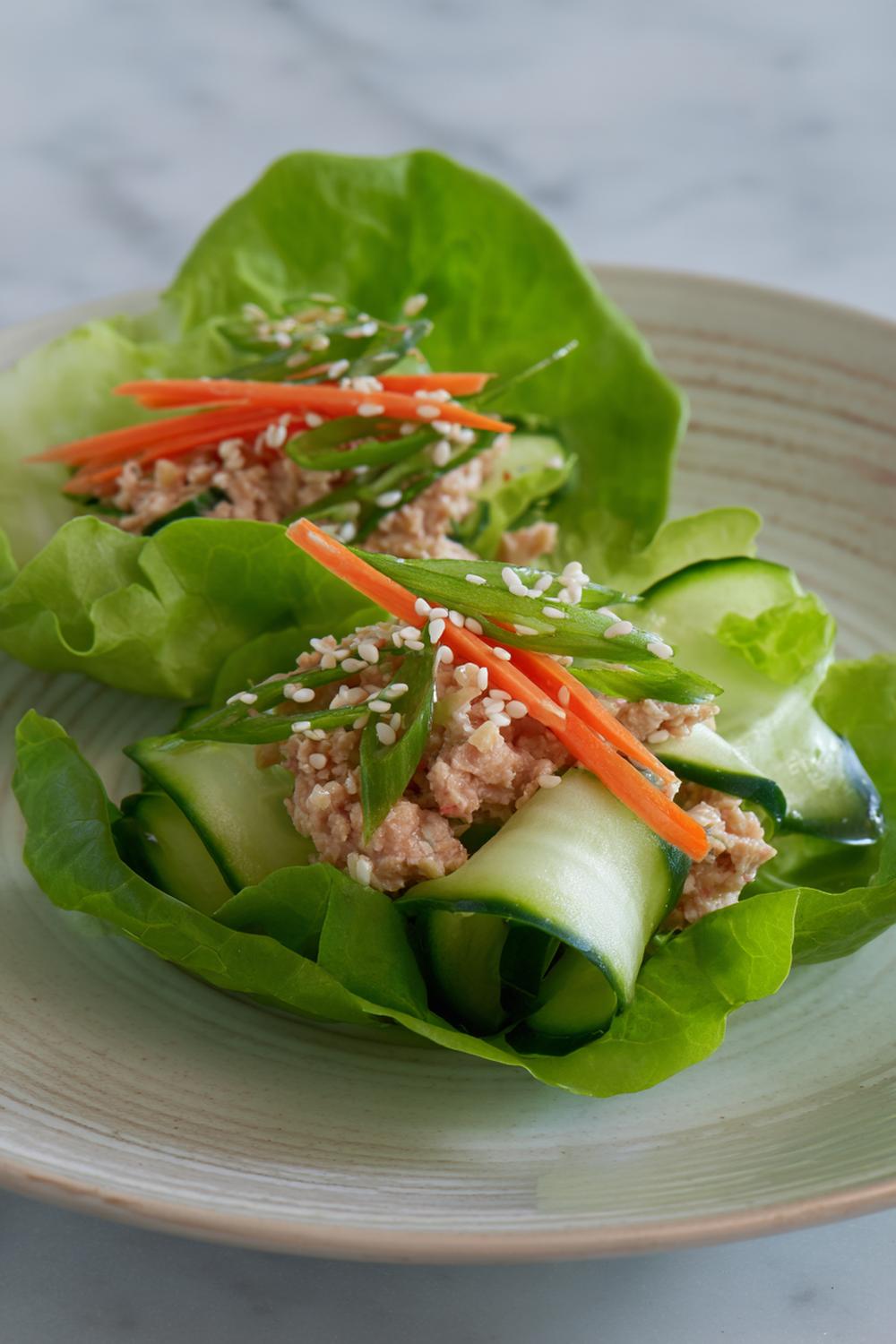 3. Tuna Snack Lettuce Cups with Cucumber Ribbons and Sesame Seeds