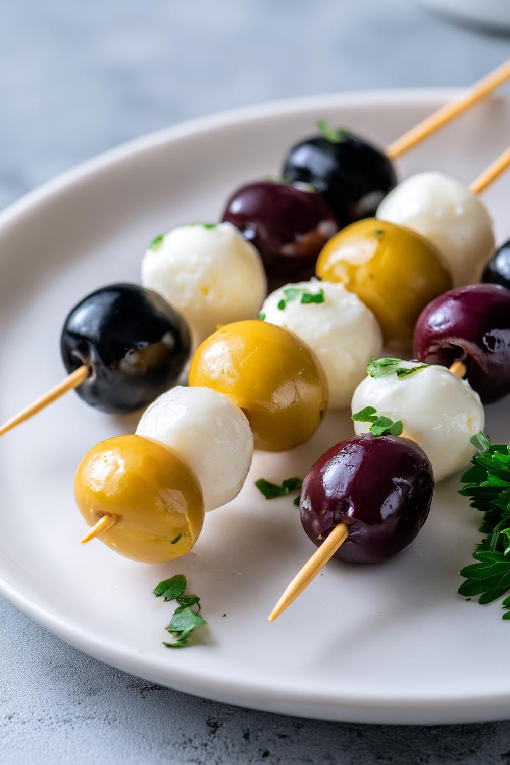 30. Cheese Snack Skewers with Mozzarella Pearls and Olives