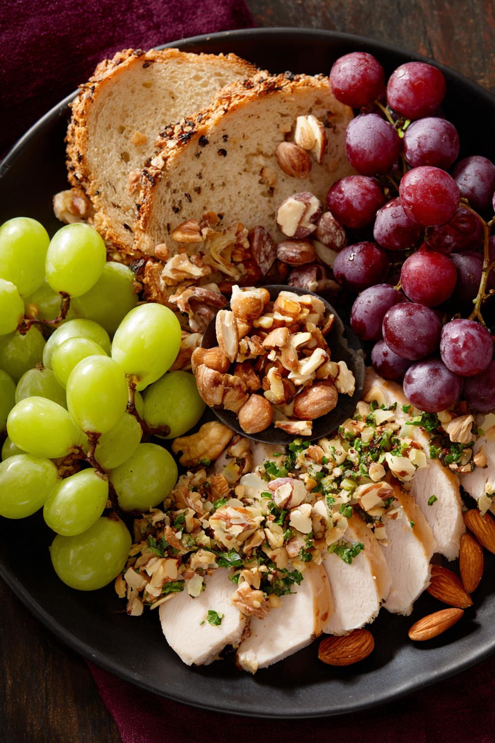35. High Protein Snack Plate with Roasted Turkey, Grapes, and Crunchy Nuts