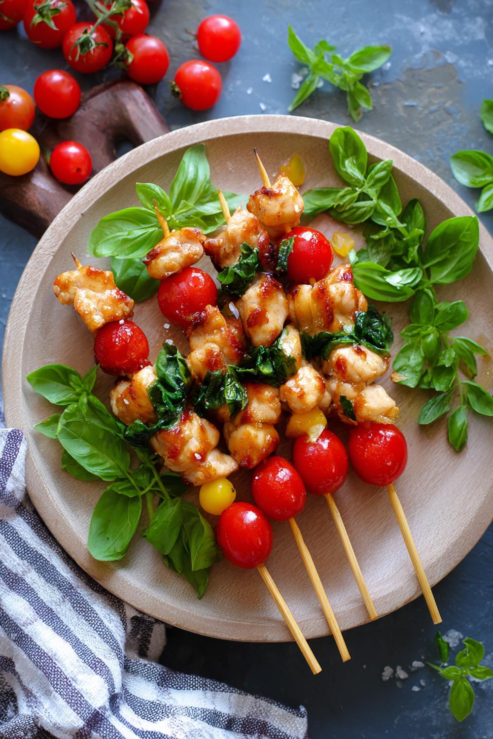 6. Chicken Snack Skewers with Cherry Tomatoes and Basil Leaves