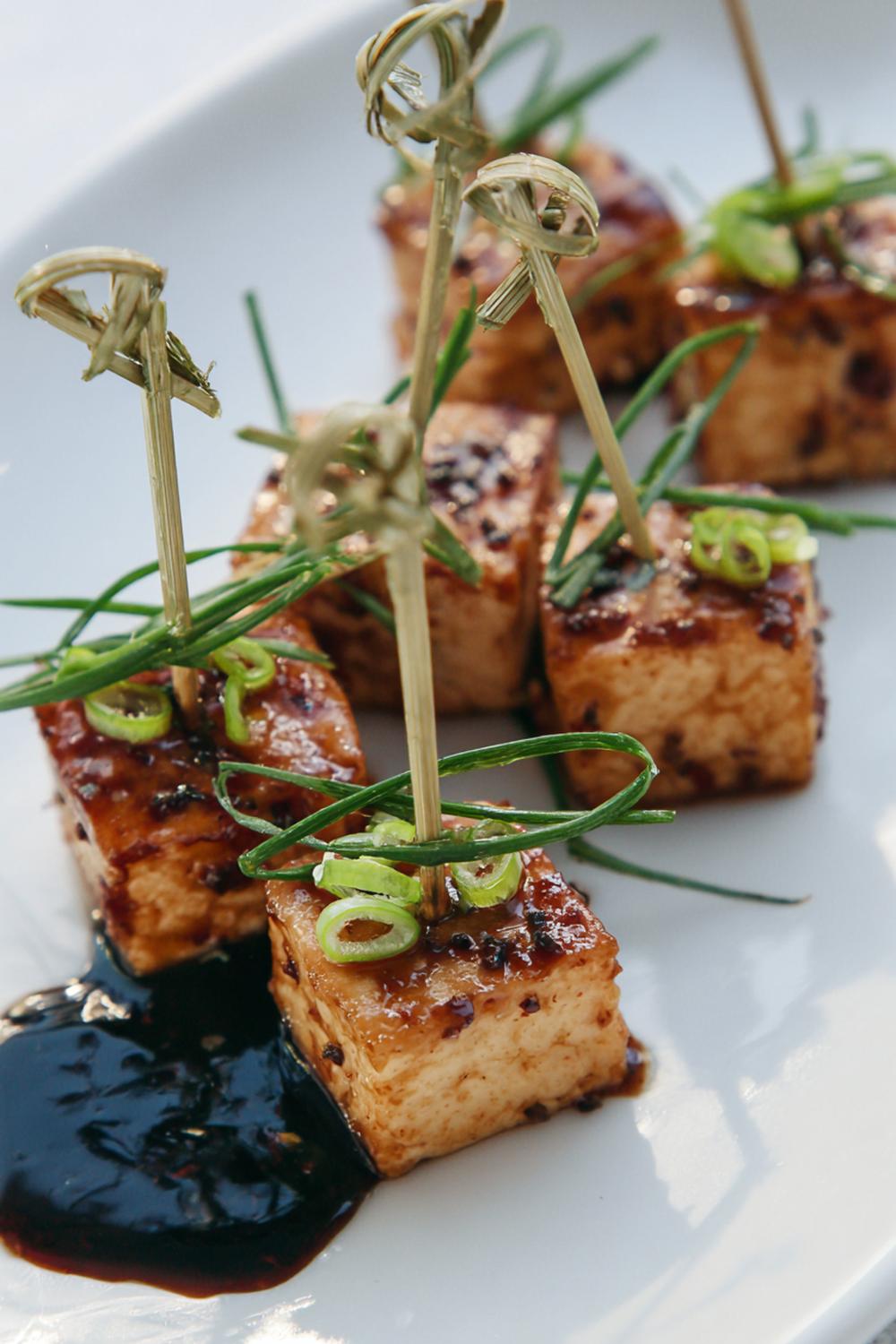 8. Tofu Snack Cubes with Soy-Ginger Glaze and Scallion Threads