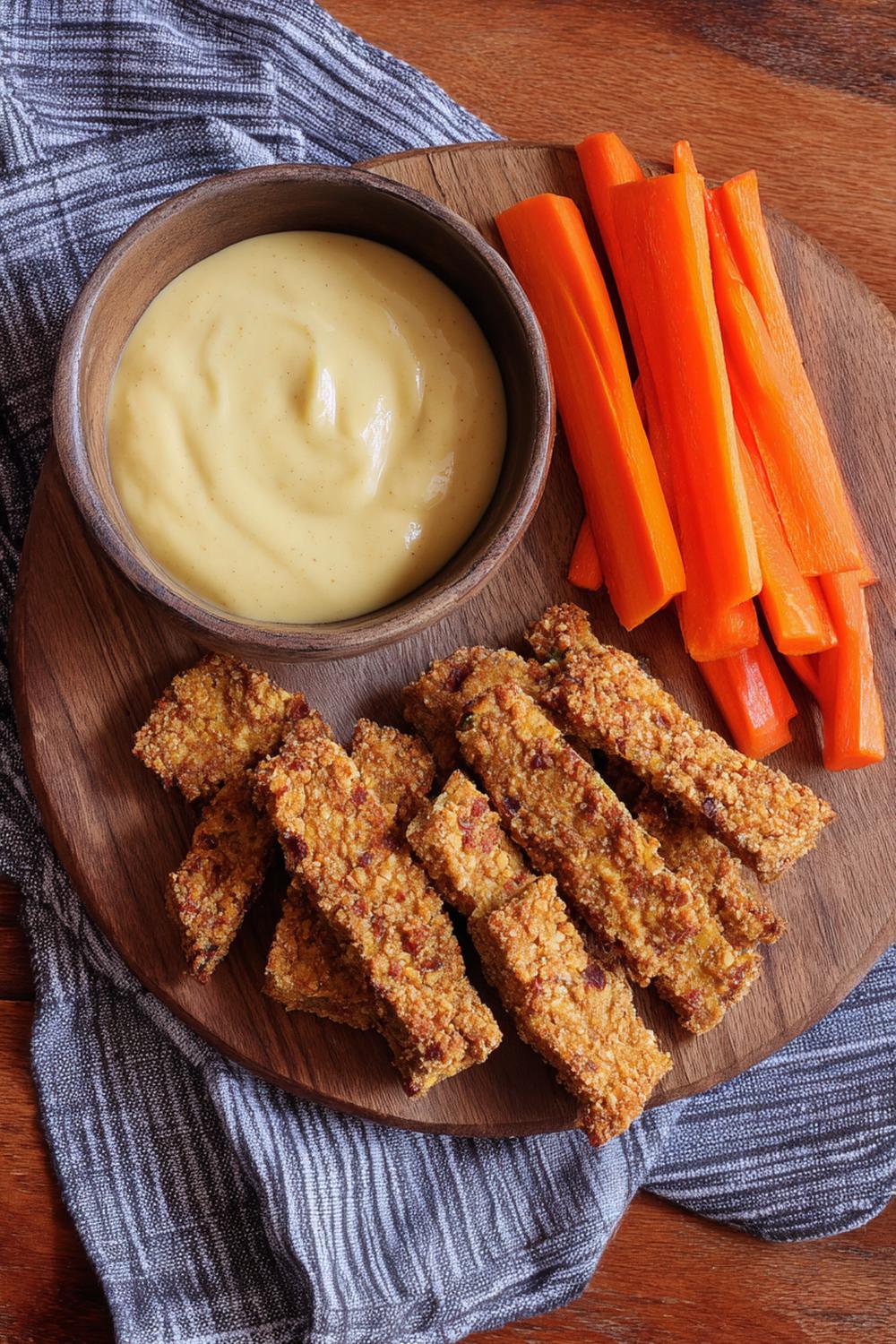 9. Tempeh Snack Strips with Maple Mustard Dip and Carrot Sticks