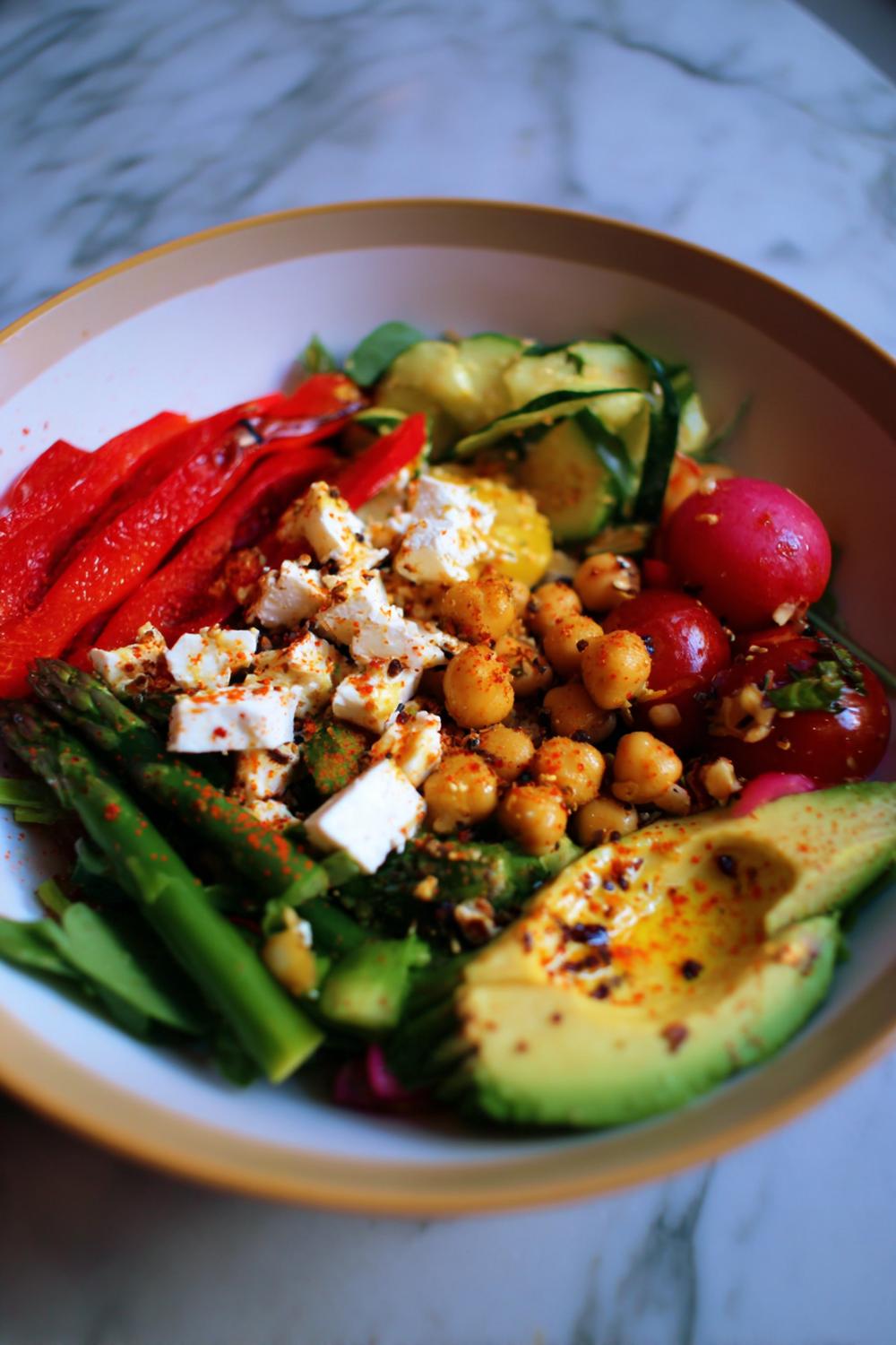 3. Homemade Chickpea Feta Avocado Salad with Toasted Spices, Roasted Pepper Strips, and Smoky Paprika Glow