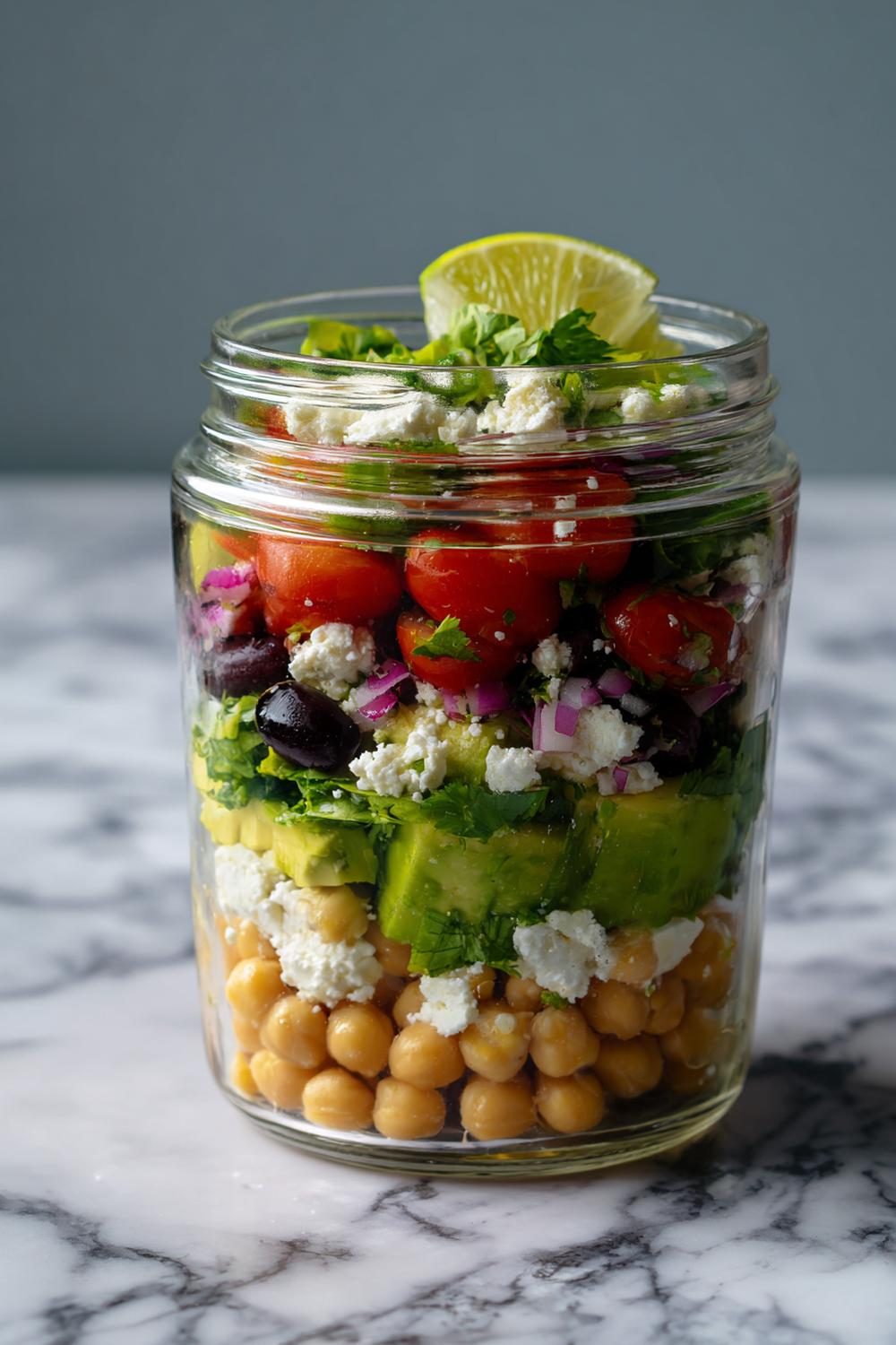 4. Homemade Chickpea Feta Avocado Salad in a Meal-Prep Jar with Separate Layers and Fresh Lime Zing