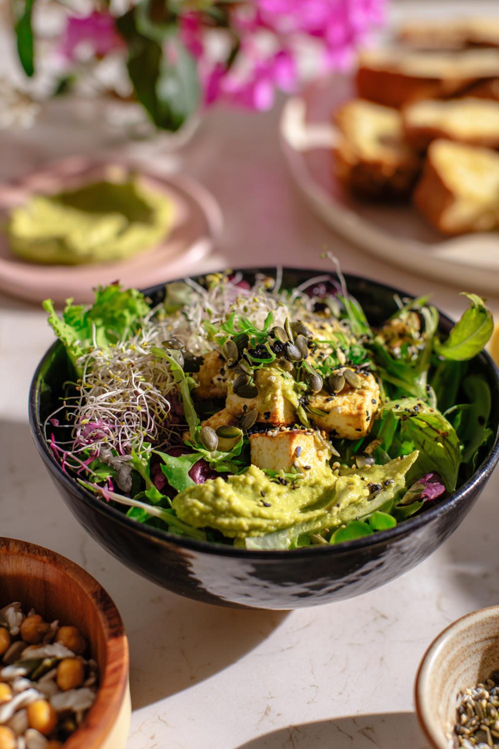 5. Homemade Chickpea Feta Avocado Salad with Crunchy Greens, Seed Sprinkle, and Creamy Avocado Mash Swirl