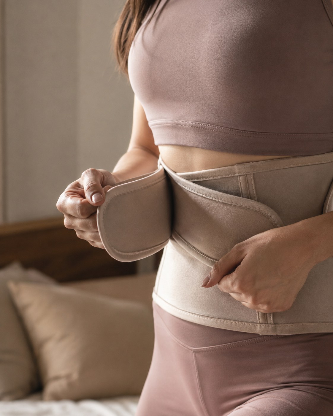 Woman fastening a waist wrap, addressing a common hourglass workout at home myth