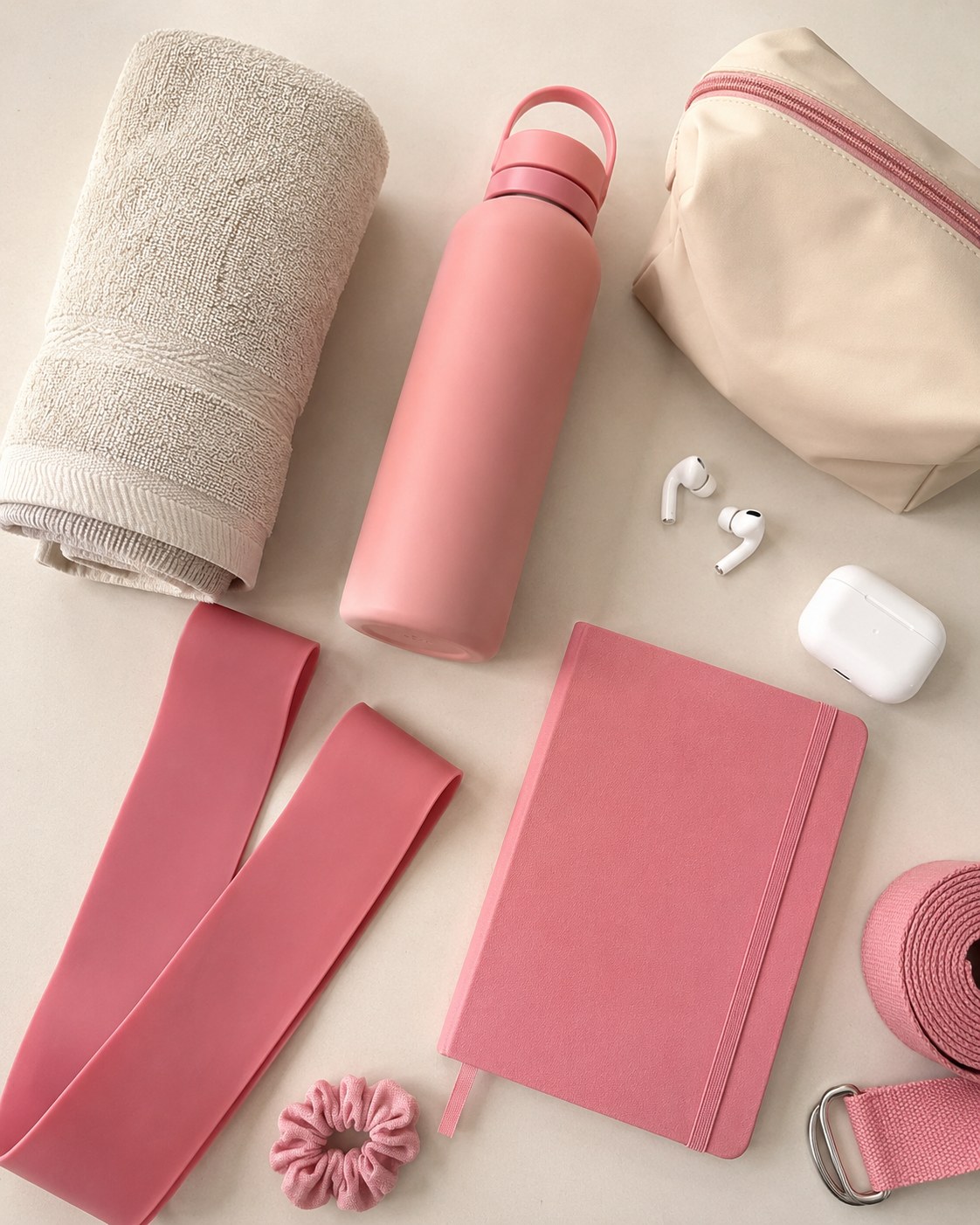 Minimal home gym gear laid out for an hourglass workout at home, including bands and a towel