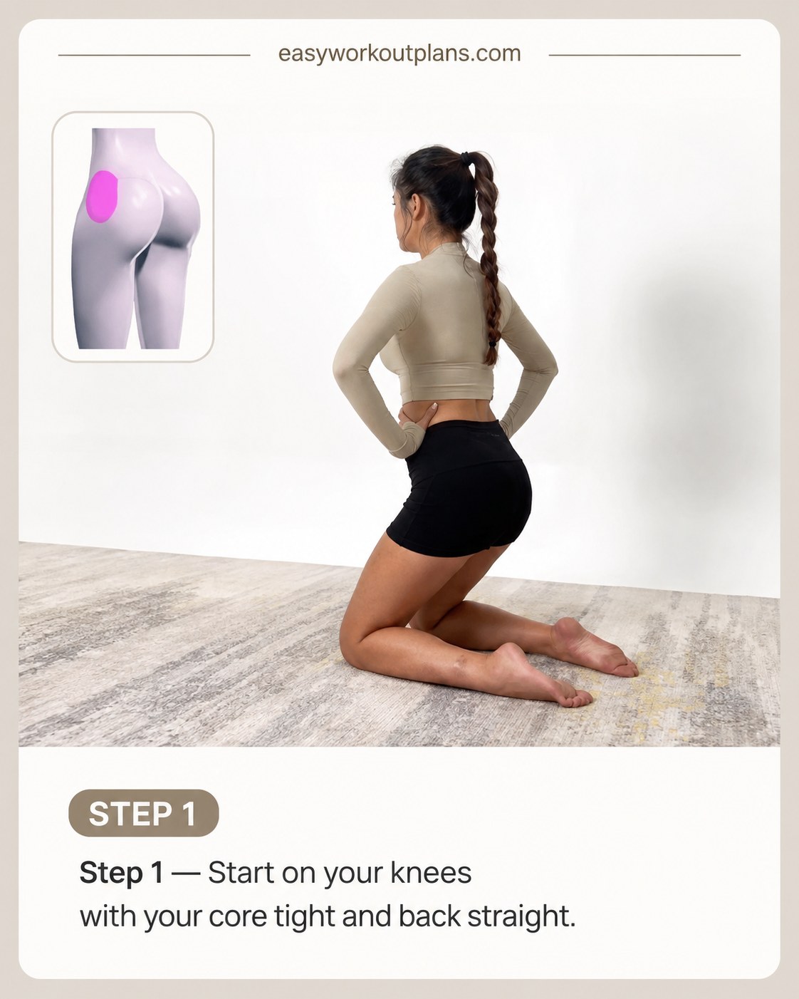 Woman in tall kneeling position demonstrating the starting posture for kneeling glute exercises for bubble butt
