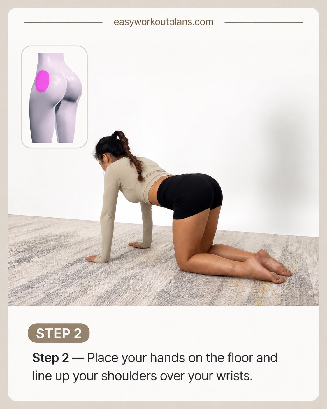 Tabletop hands-and-knees setup with shoulders over wrists before a kneeling glute exercises for bubble butt kickback