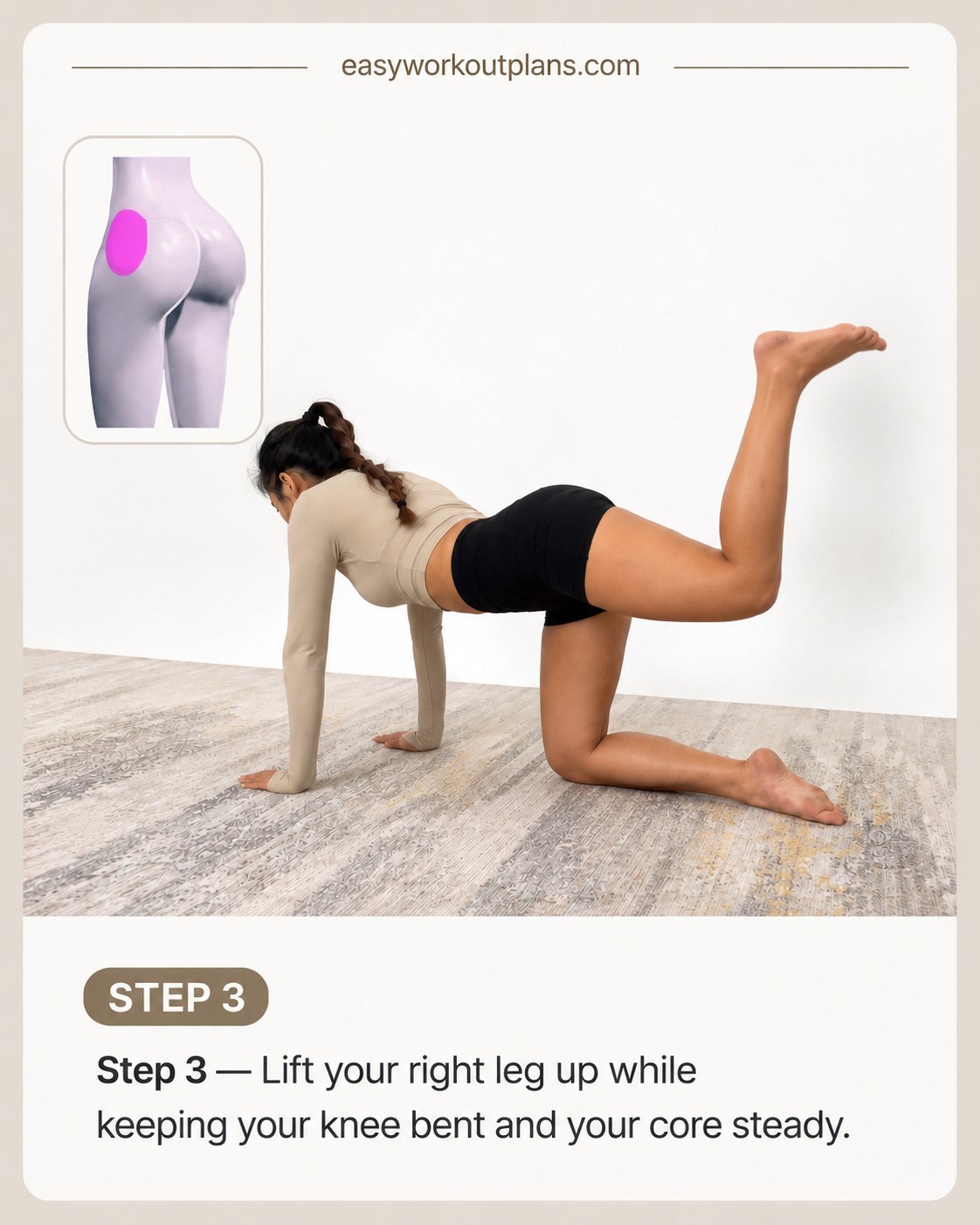 Bent-knee donkey kick lift showing proper form for kneeling glute exercises targeting the upper glute shelf