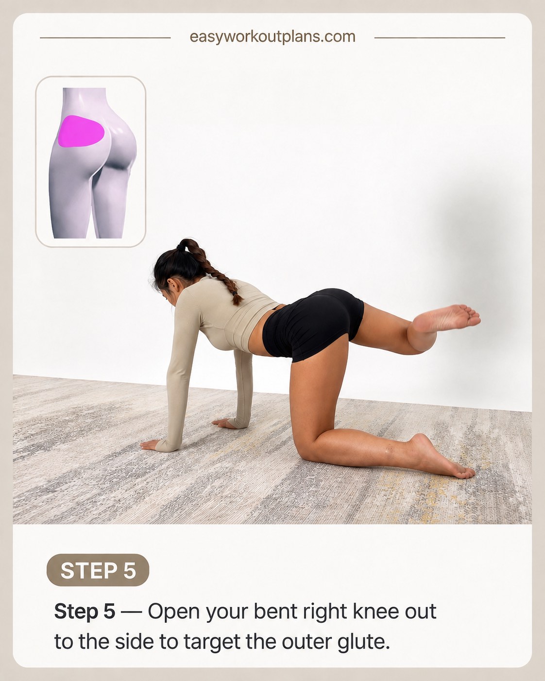 Fire hydrant hip opener on hands and knees, a kneeling glute exercise variation for the outer glute medius