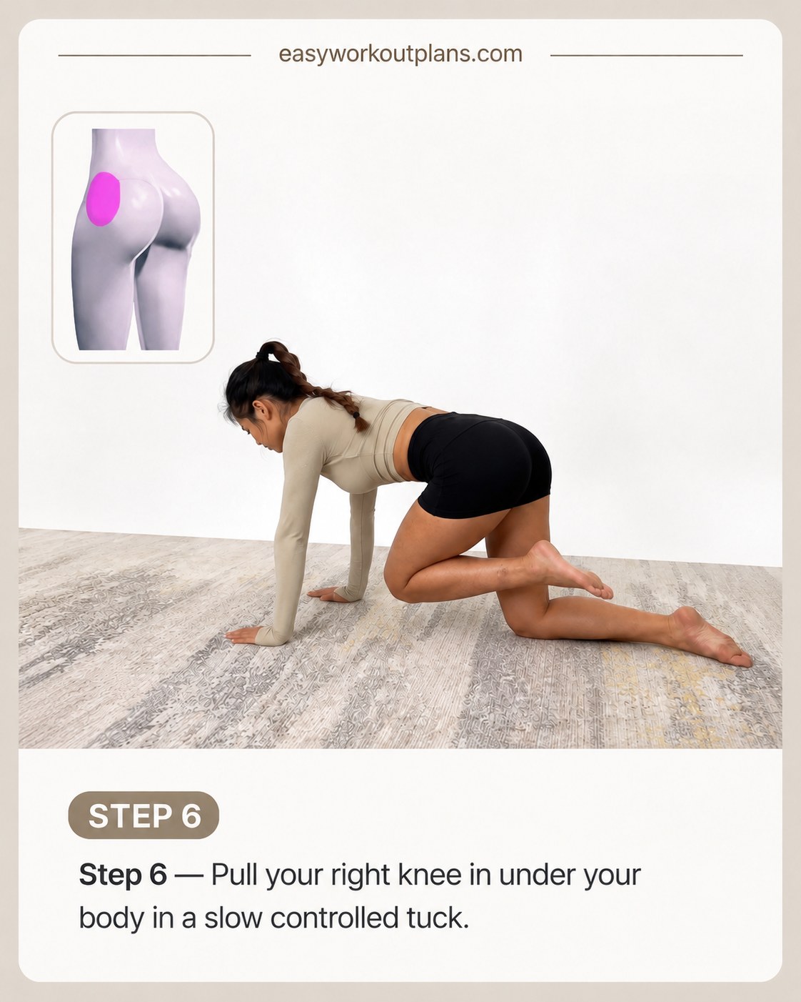 Knee tuck movement pulling the bent leg under the body to engage core and glutes together