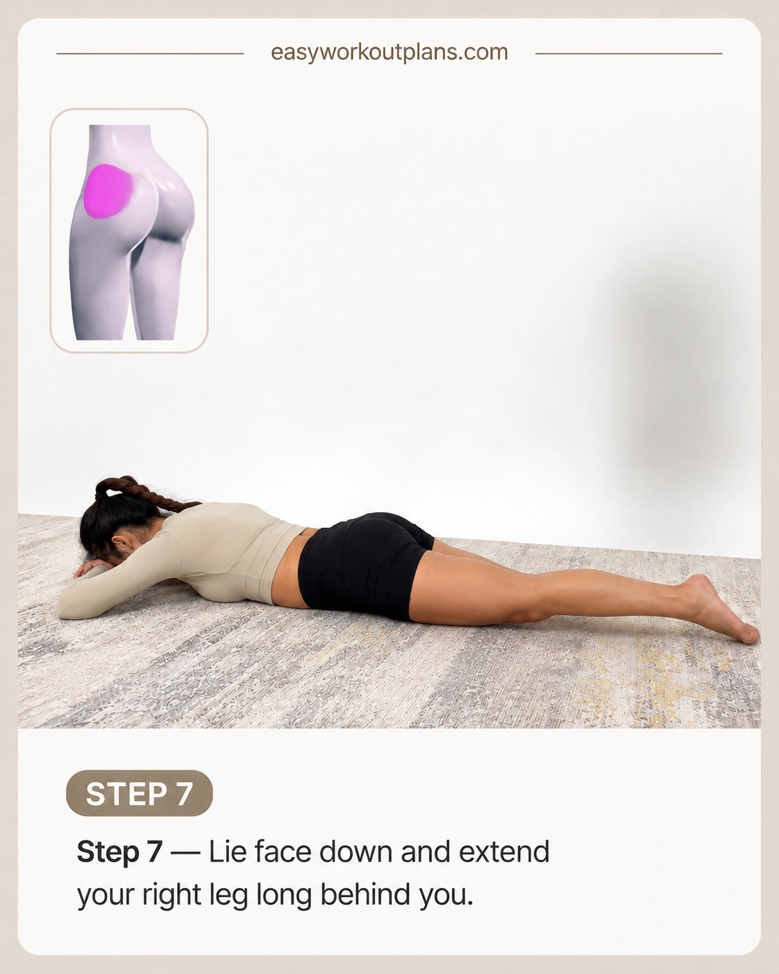Prone floor position with one leg extended long, prepping for the final straight-leg glute lift