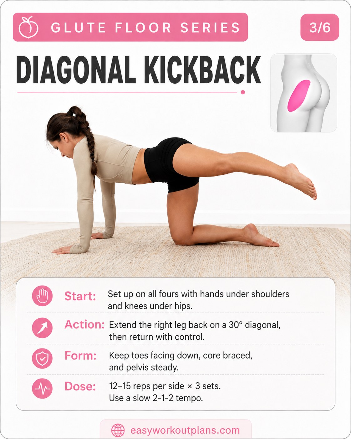 Diagonal kickback position on all fours during a kneeling glute kickback workout routine