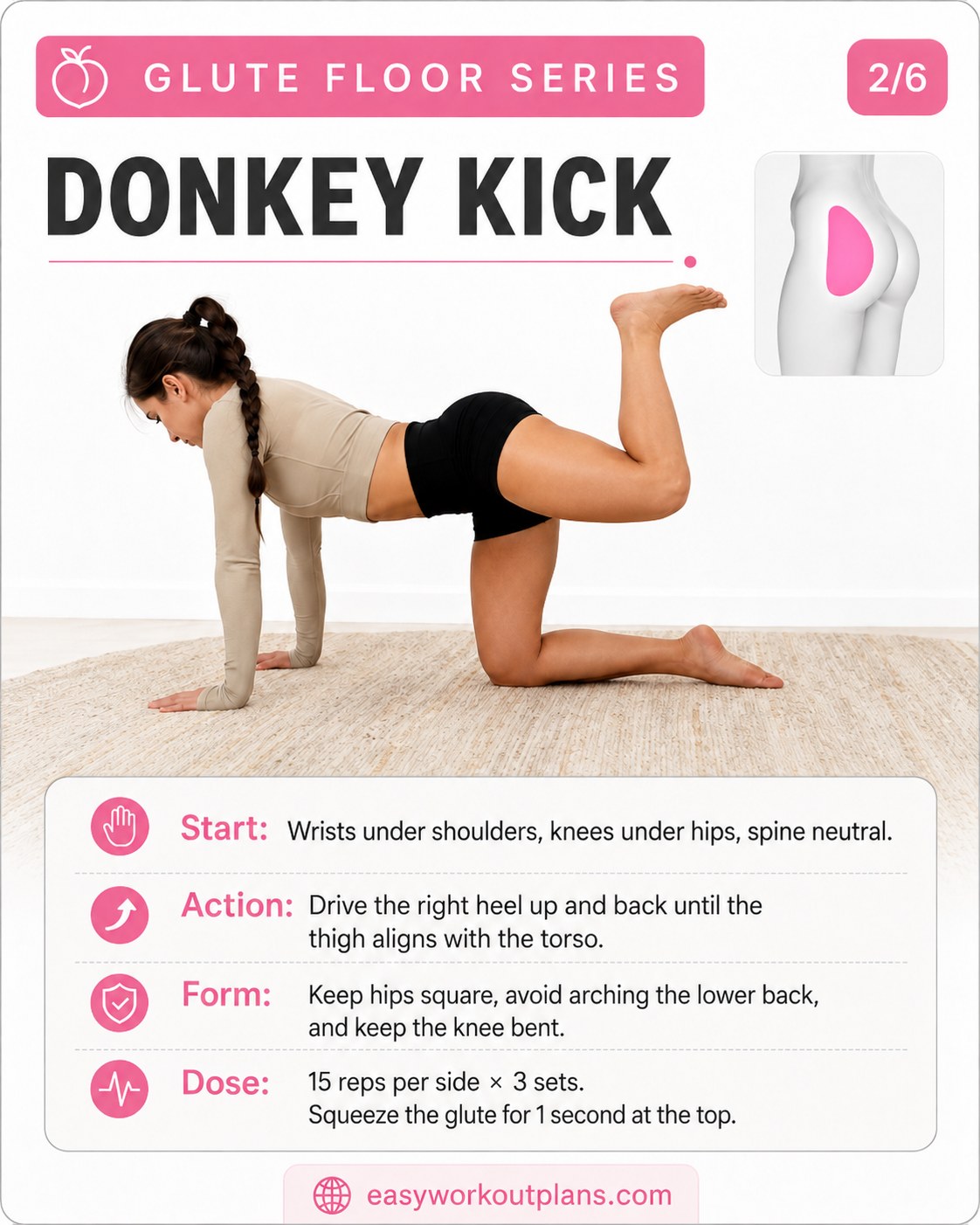 Donkey kick exercise shown kneeling with heel driven back, part of a glute kickback workout