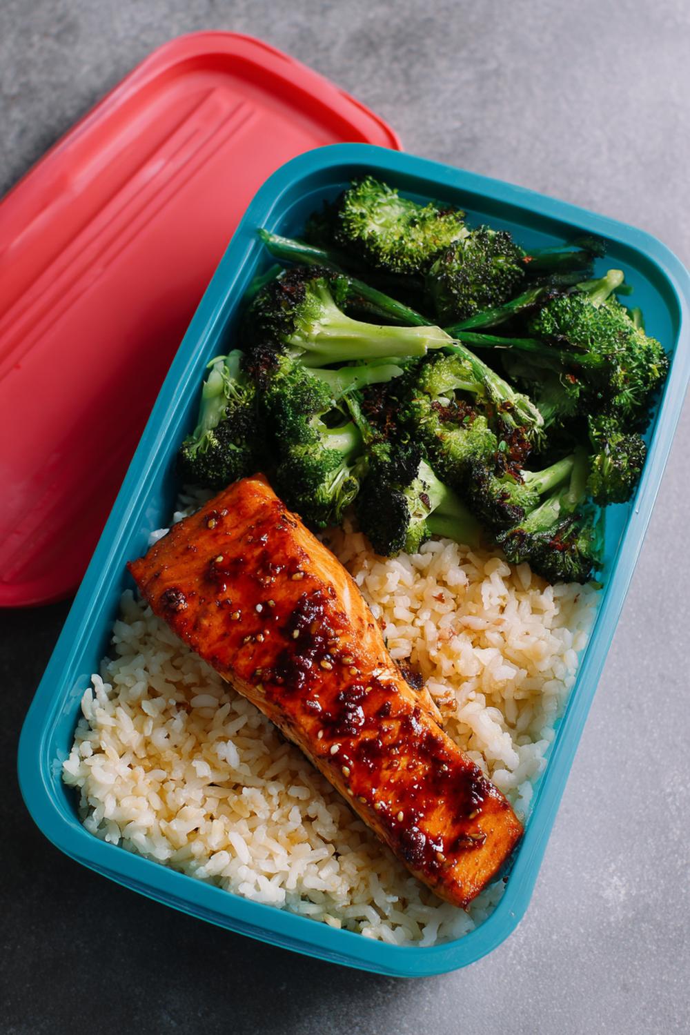 2. Lean Bulking Meal Prep 2026 Teriyaki Salmon and Rice with Charred Broccoli