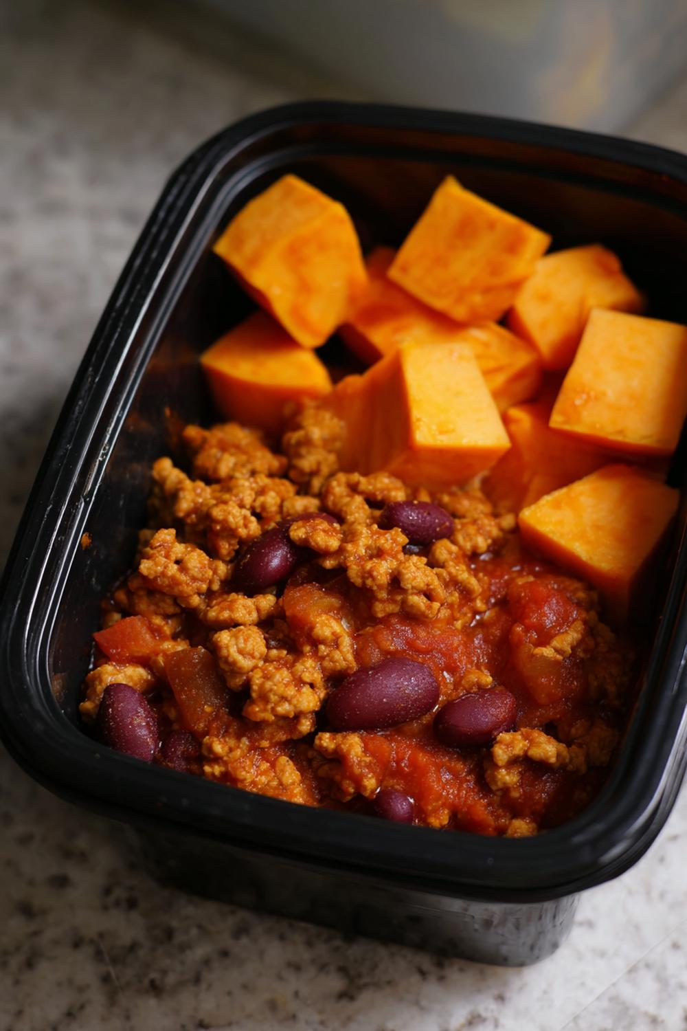 3. Lean Bulking Meal Prep 2026 Turkey Chili with Beans and Sweet Potato Cubes